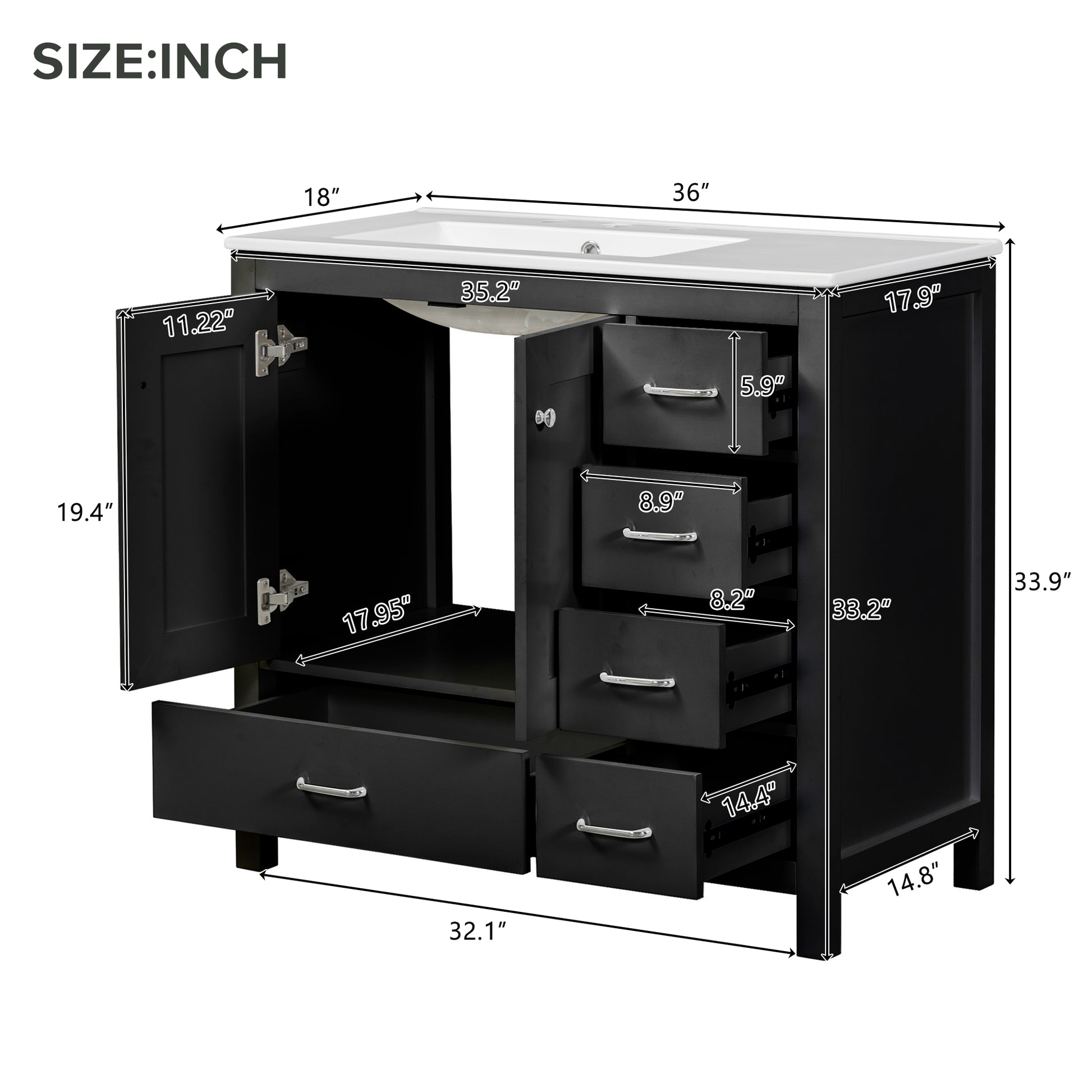36" Black Bathroom Vanity With Ceramic Sink Combo, Abundant Storage Cabinet 2 Soft Close Doors And 5 Drawers Black Bathroom Solid Wood Mdf