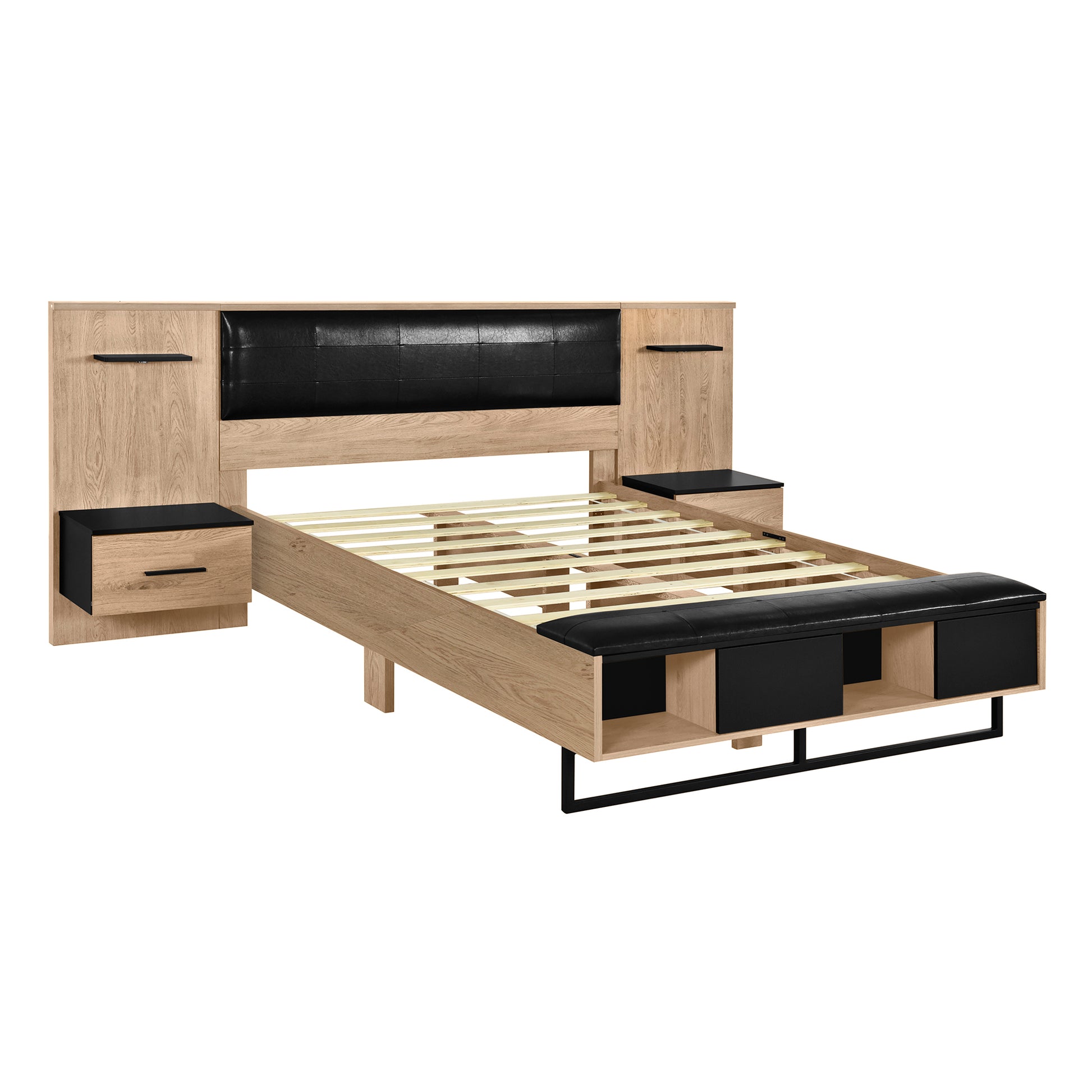 Queen Size Wood Platform Bed With Upholstered Headboard, Lights And Storage Nightstand, Bench, Walnut Box Spring Not Required Queen Walnut Wood Bedroom Bed Frame Faux Leather Solid Wood Mdf