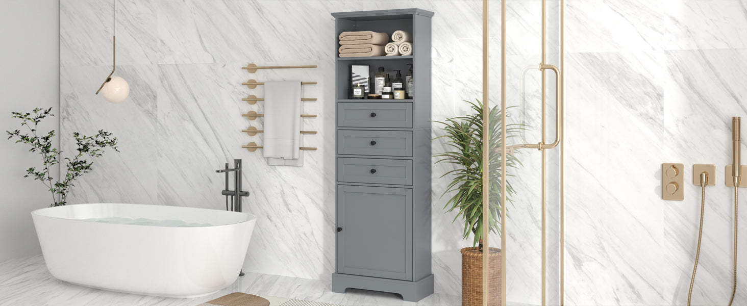 Gray Tall Storage Cabinet With 3 Drawers And Adjustable Shelves For Bathroom, Study, Office And Interior, Mdf Board With Painted Finish Gray Mdf