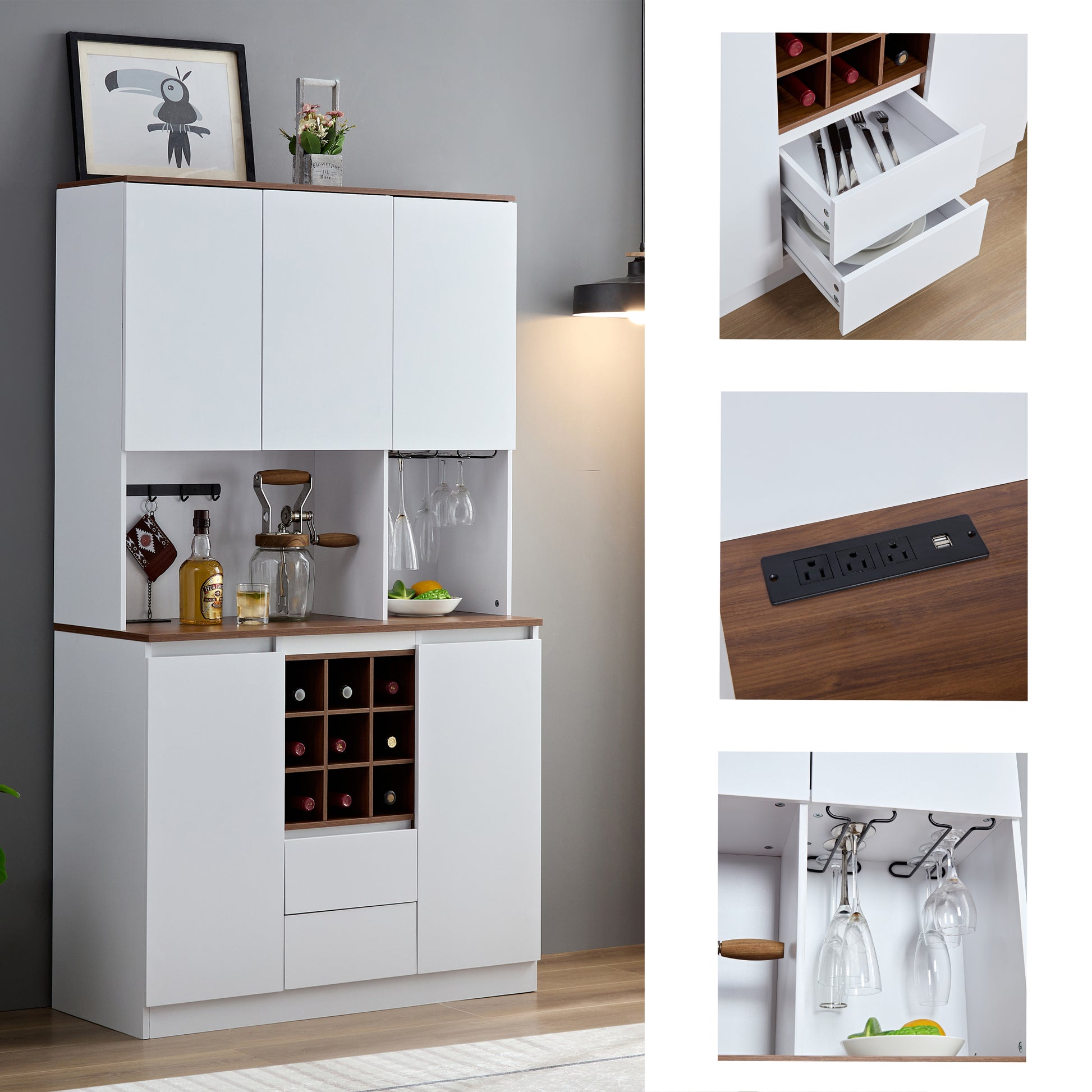 Farmhouse Coffee Bar Wine Cabinet ,68.9'' Kitchen Buffet Cabinet With Storage, Liquor Cabinet For Home & Dining Room White Bedroom American Design,American Traditional Particle Board Particle Board