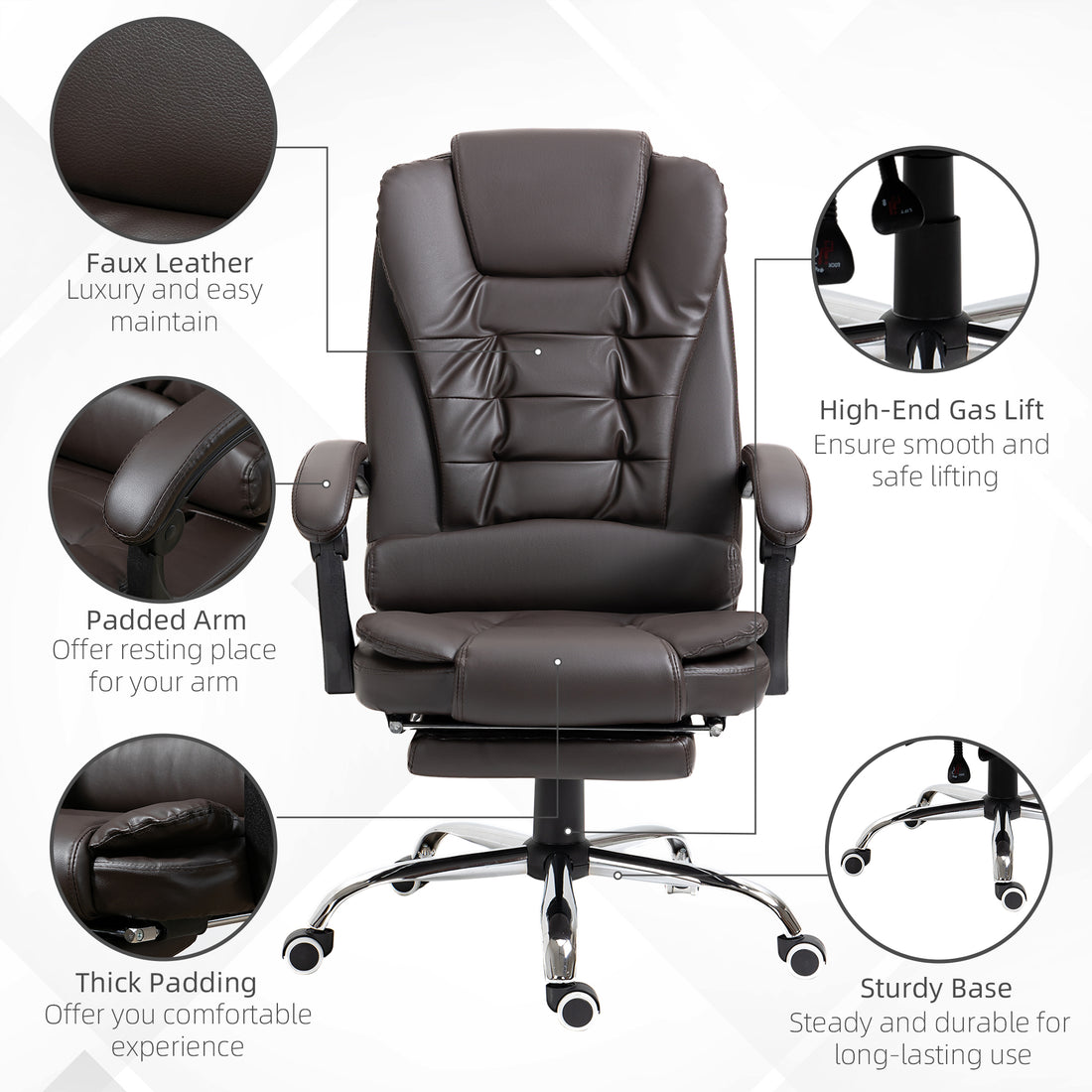 Homcom High Back Ergonomic Executive Office Chair, Pu Leather Computer Chair With Retractable Footrest, Lumbar Support, Padded Headrest And Armrest, Coffee Coffee Pu