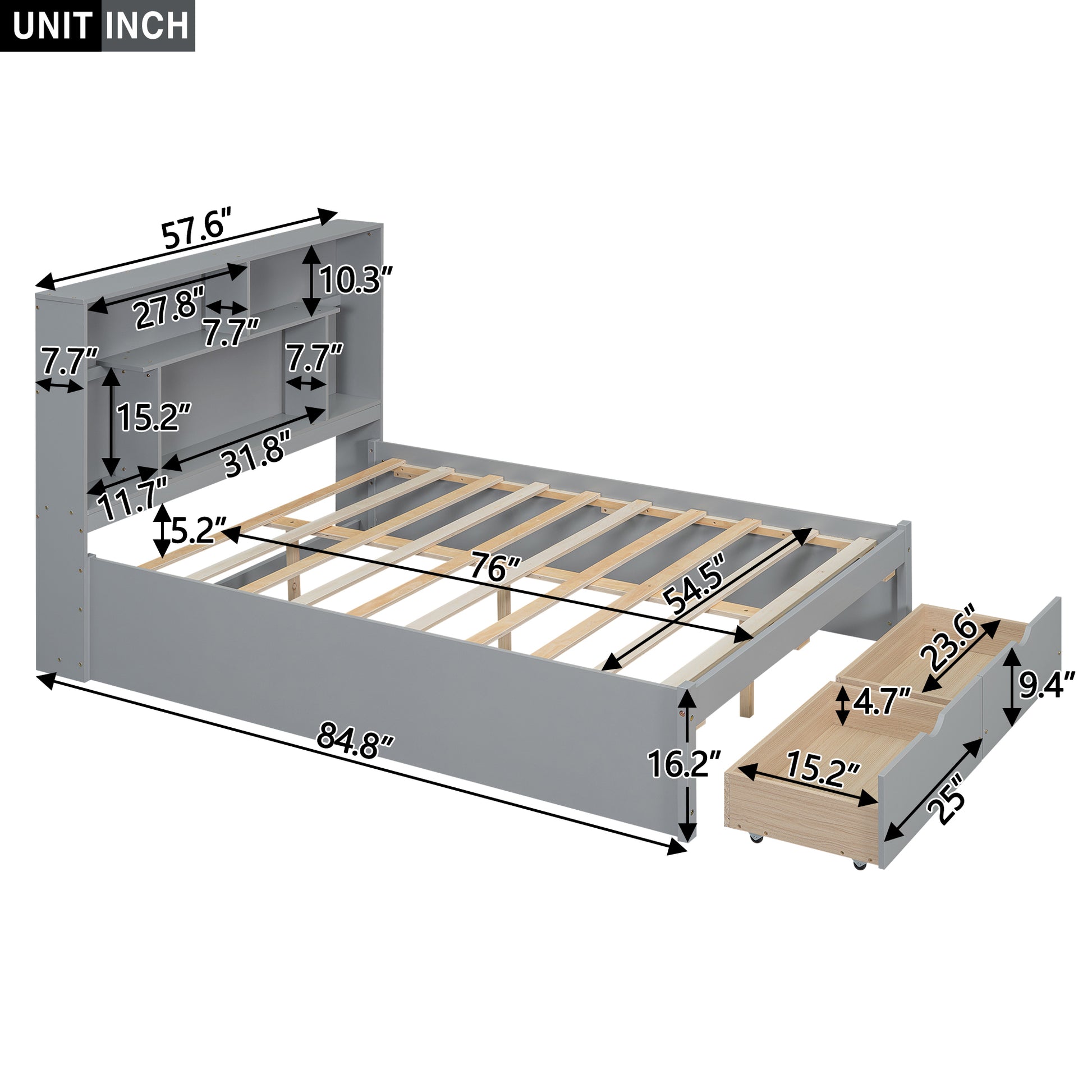 Full Size Platform Bed With Storage Headboard And 2 Drawers, Gray Box Spring Not Required Full Gray Wood Bedroom Bed Frame Solid Wood Mdf