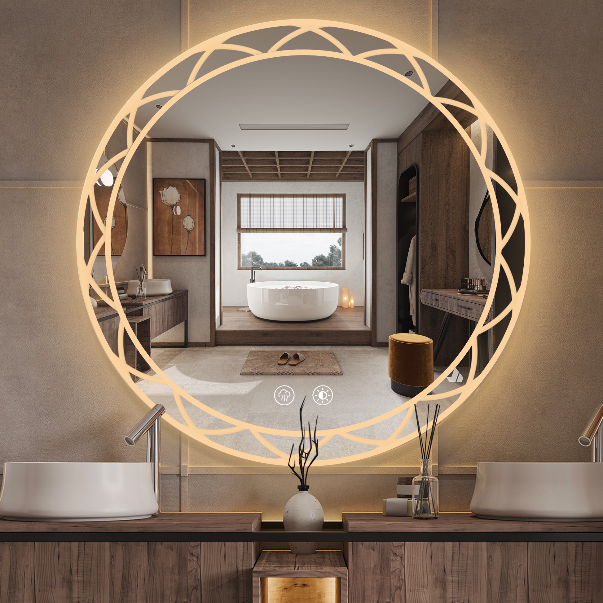 42" Round Led Bathroom Mirror Adjustable Color Temperatures And Anti Fog, Wall Mounted Design White Black Aluminium,Tempered Glass