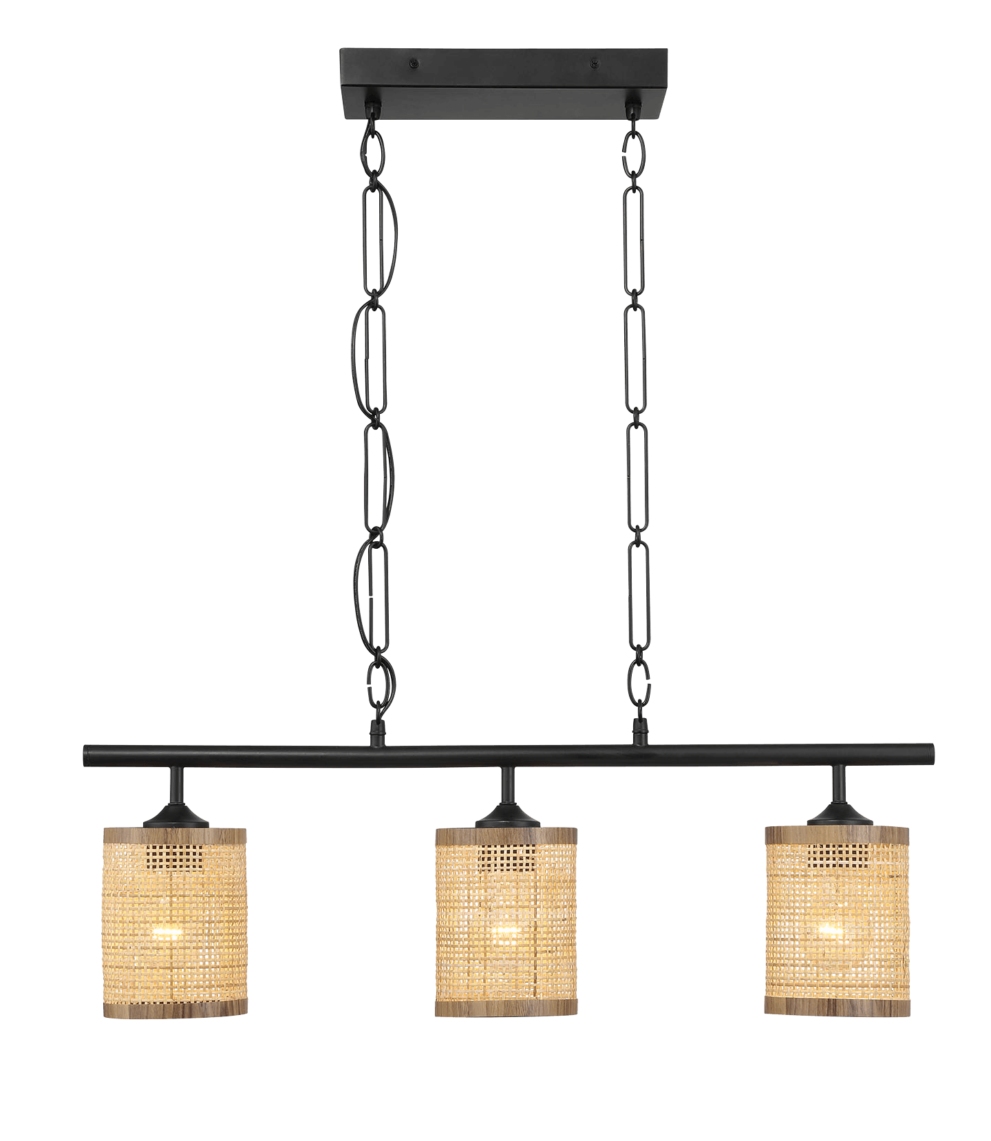 Elysian Three Lights Island With Natural Rattan Shade Farmhouse Chain Ceiling Lamp Black,Rattan Ceiling Lights Kitchen Metal,Rattan