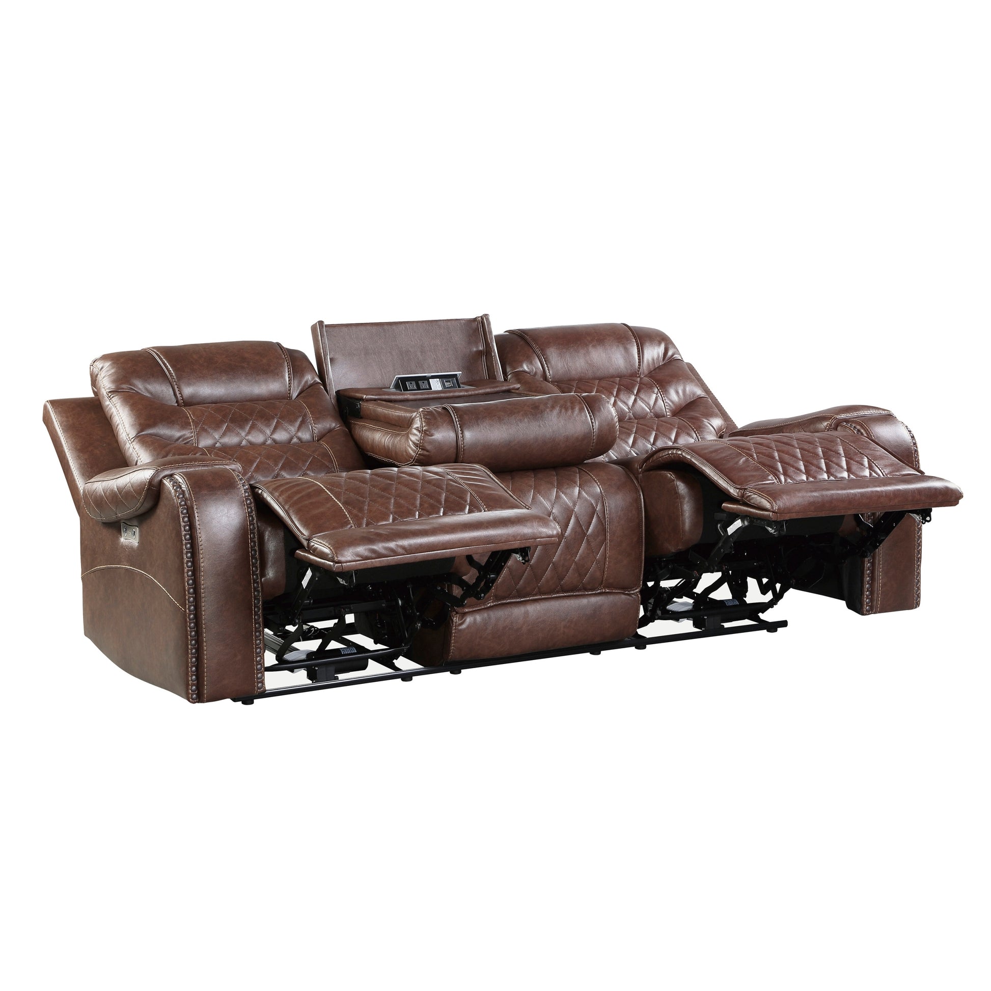 Luxurious Living Room Furniture Brown Diamond Pattern Stitching 1Pc Power Double Reclining Sofa With Center Drop Down Cup Holders, Usb Ports,Faux Leather Upholstery Brown Faux Leather Wood Primary Living Space Luxury,Modern Solid Wood 3 Seat