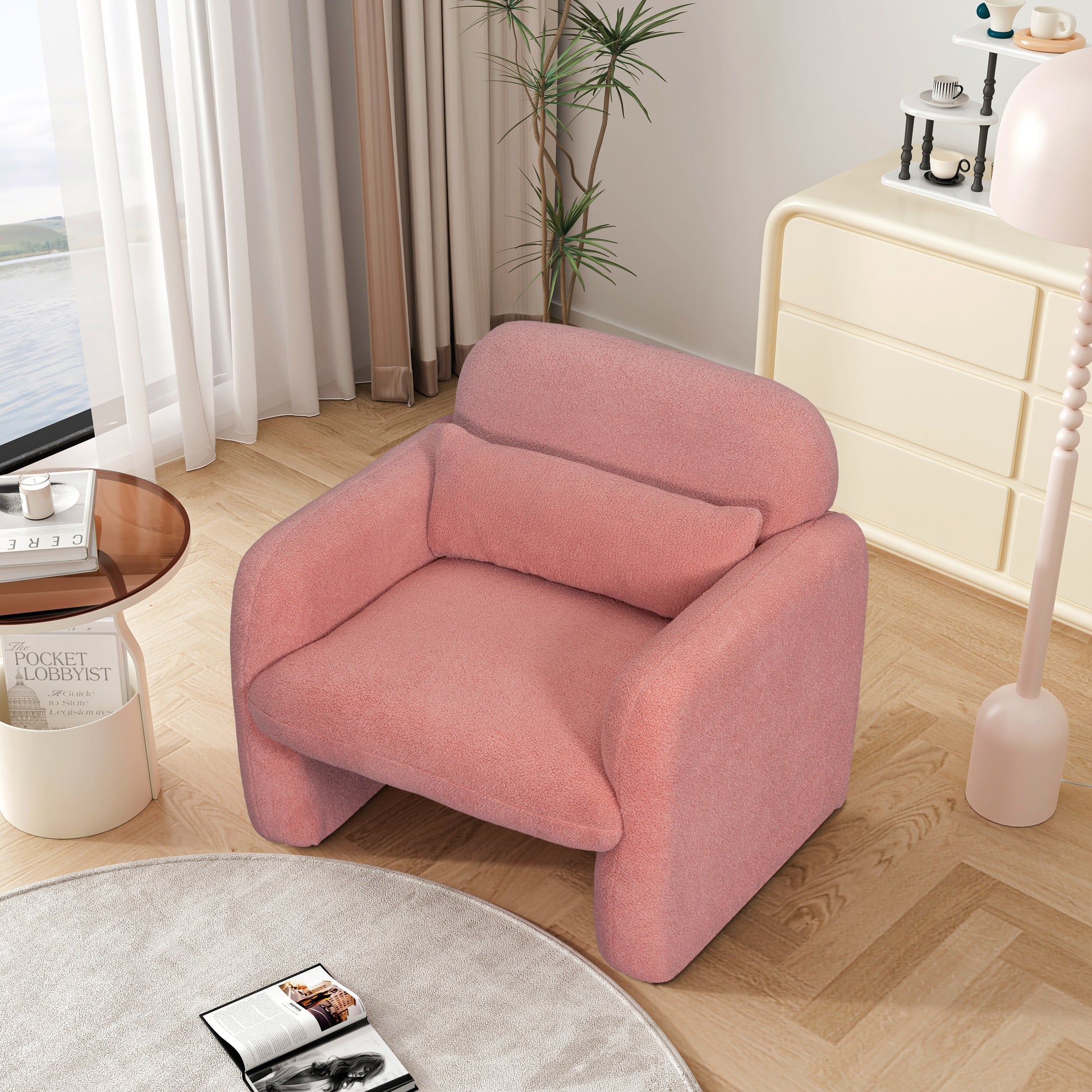 Stylish And Minimalist Teddy Fleece Single Sofa Chair With Arms And Pillow, Armchair, Accent Chair For Living Room, Bedroom, Study,Pink Pink Teddy