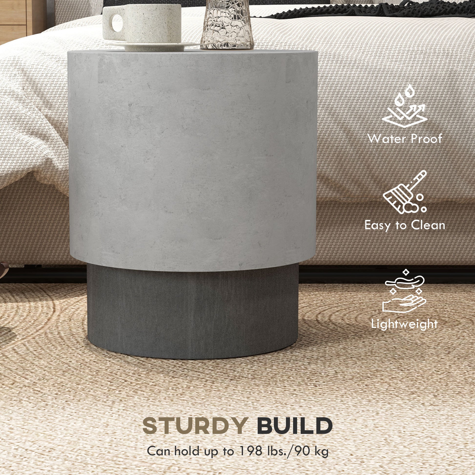 Homcom Concrete Finish End Table, Round Side Table With 4 Adjustable Feet, Lightweight For Indoor, Outdoor, Gray Grey Wood