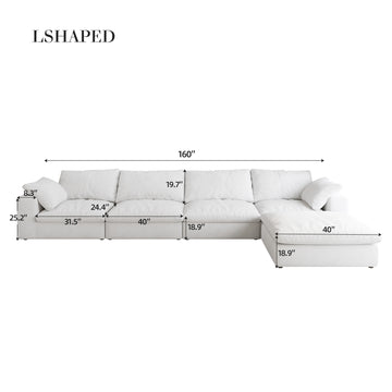 Cloud Modular Sectional Sofa 160" Down Filled Comfort L Shaped Sofa Couch For Living Room,4 Seater And 1 Ottoman White Down Filling,Fabric,Foam 5 Seat