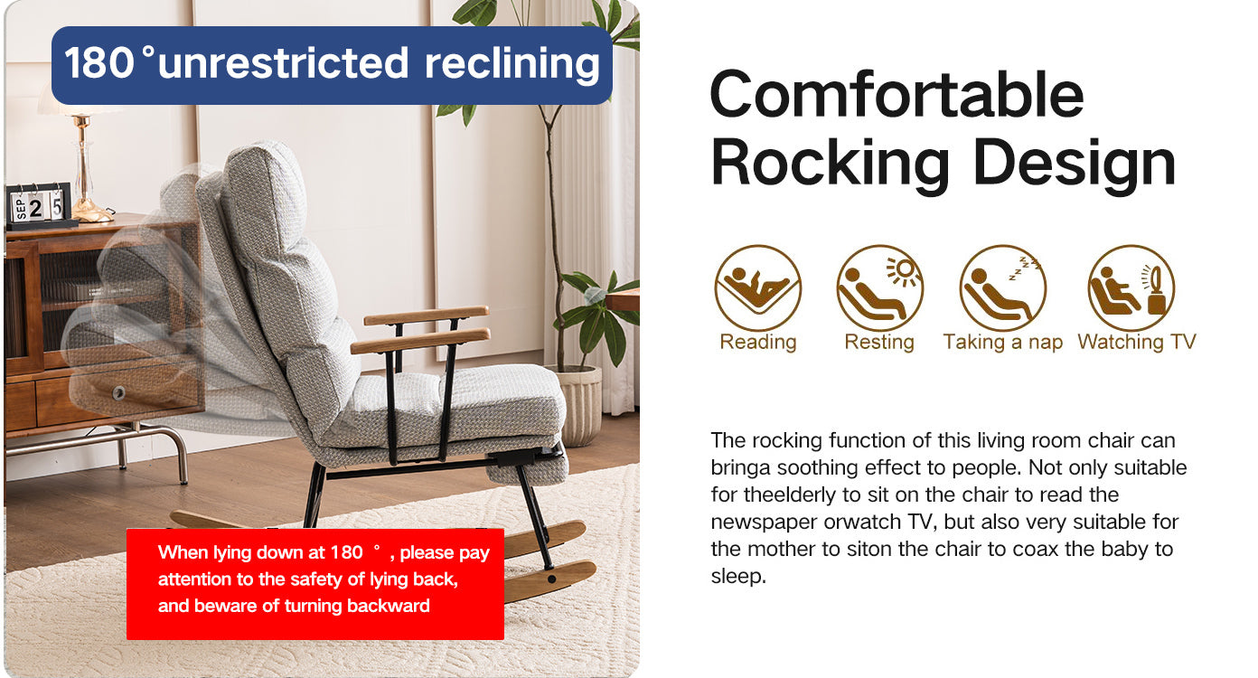 Modern Teddy Gliding Rocking Chair With High Back, Retractable Footrest, And Adjustable Back Angle For Nursery, Living Room, And Bedroom Grey Fabric