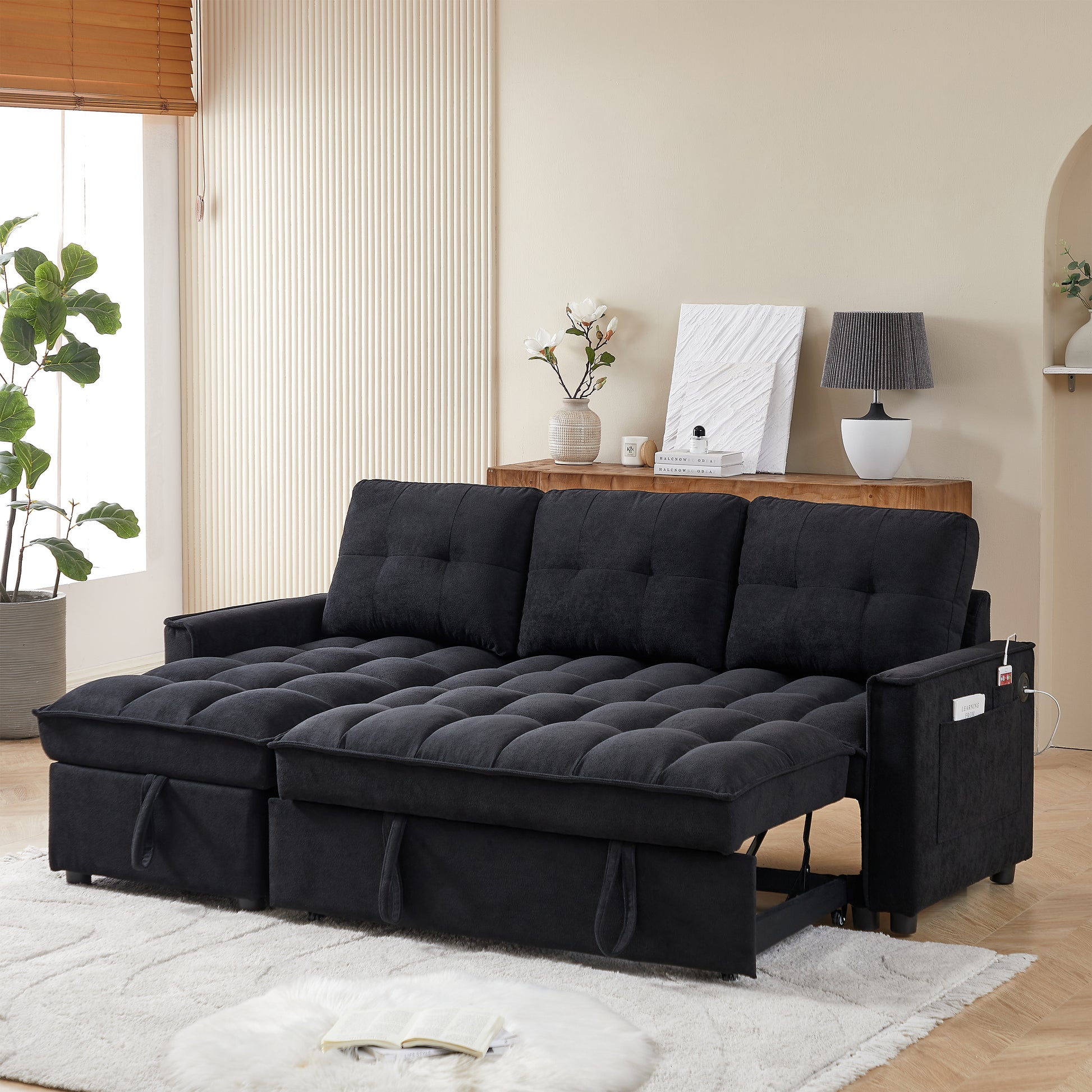 Mh 78.75" Reclining Sofa, Pull Out Sofa Bed With Usb And Tape C Charging Ports, L Shaped Sectional Sofa With Reclining Storage And Arm Side Organizer Pocket Features, Living Room Comfort Sofa Black