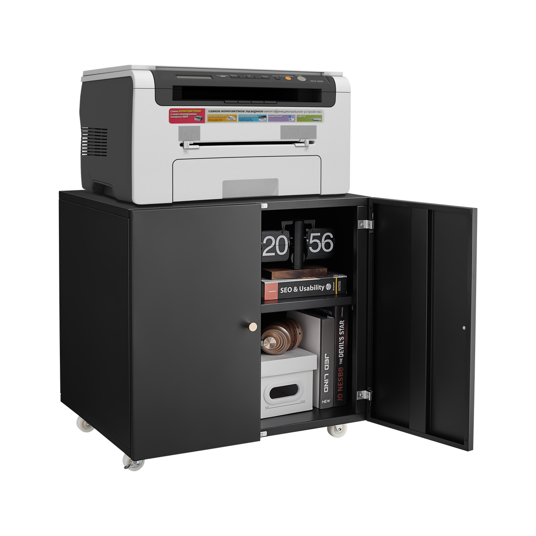 Home Office Printer Stand With Wheels, Printer Tables With File Door Mobile Lateral Filing Cabinet With Open Storage Shelf For Letter Legal A4 Size Files Mobile File Cabinets 1 2 Shelves Powder