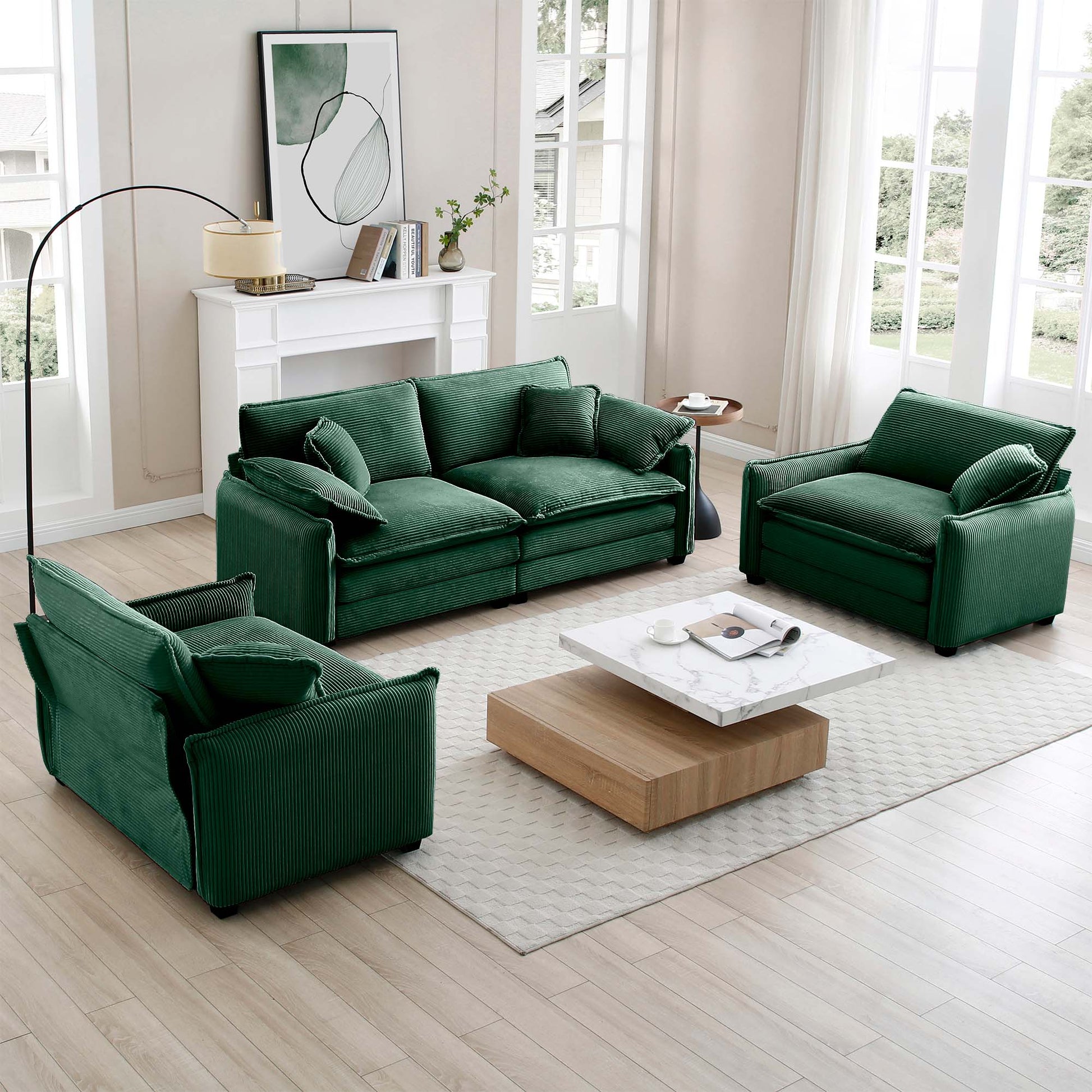 Luxurious And Sophisticated Sofa Set With Soft Cushions And Pillows, Sofa Set For Living Rooms And Clubs As Well As Home Theaters, Consisting Of Two Single Sofas And A 2 Seaters Sofas Ingreen Corduro Green Corduroy 4 Seat