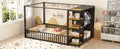 Full Size Floor Bed Frame With Wardrobe, Metal Floor Bed With Storage Shelves, Black Full Black Metal