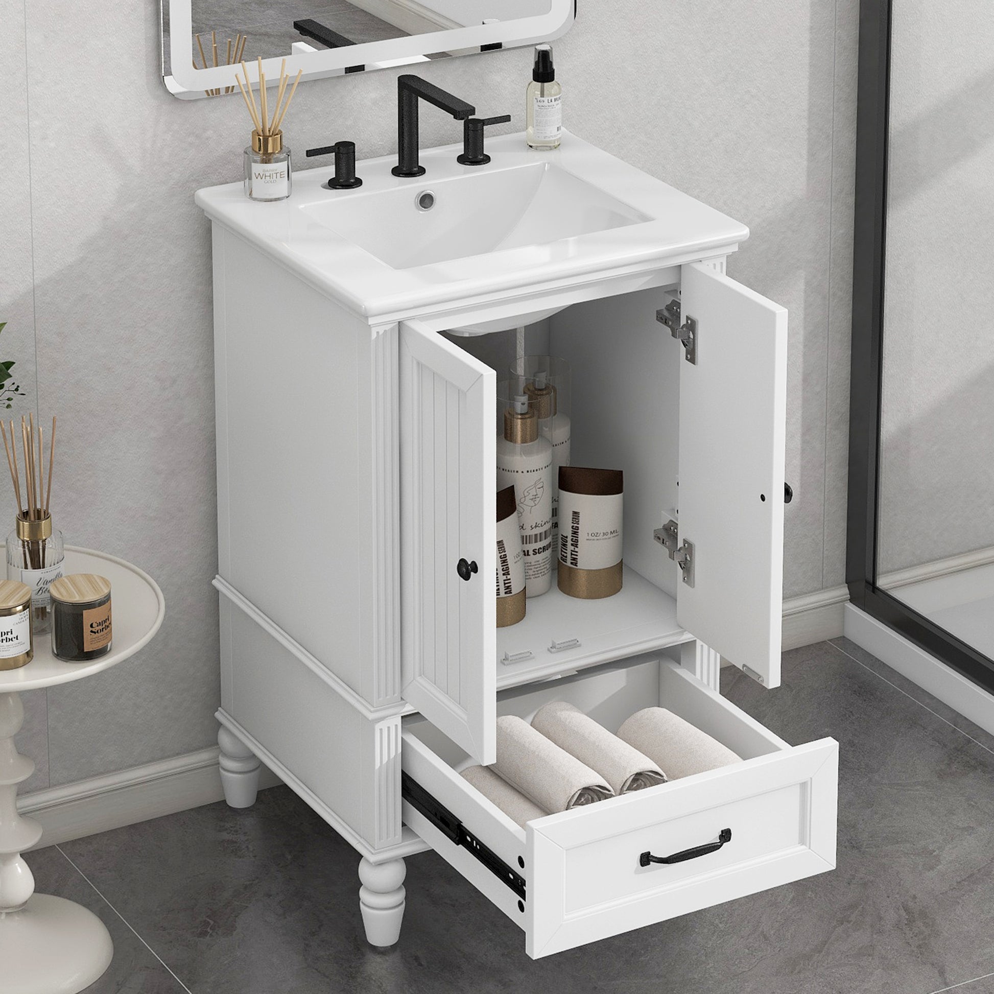 20" Bathroom Vanity With Sink, Bathroom Cabinet With Two Doors, Magnetic Door Stopper And Adiustable Foot Pads, A Drawer, White White Mdf