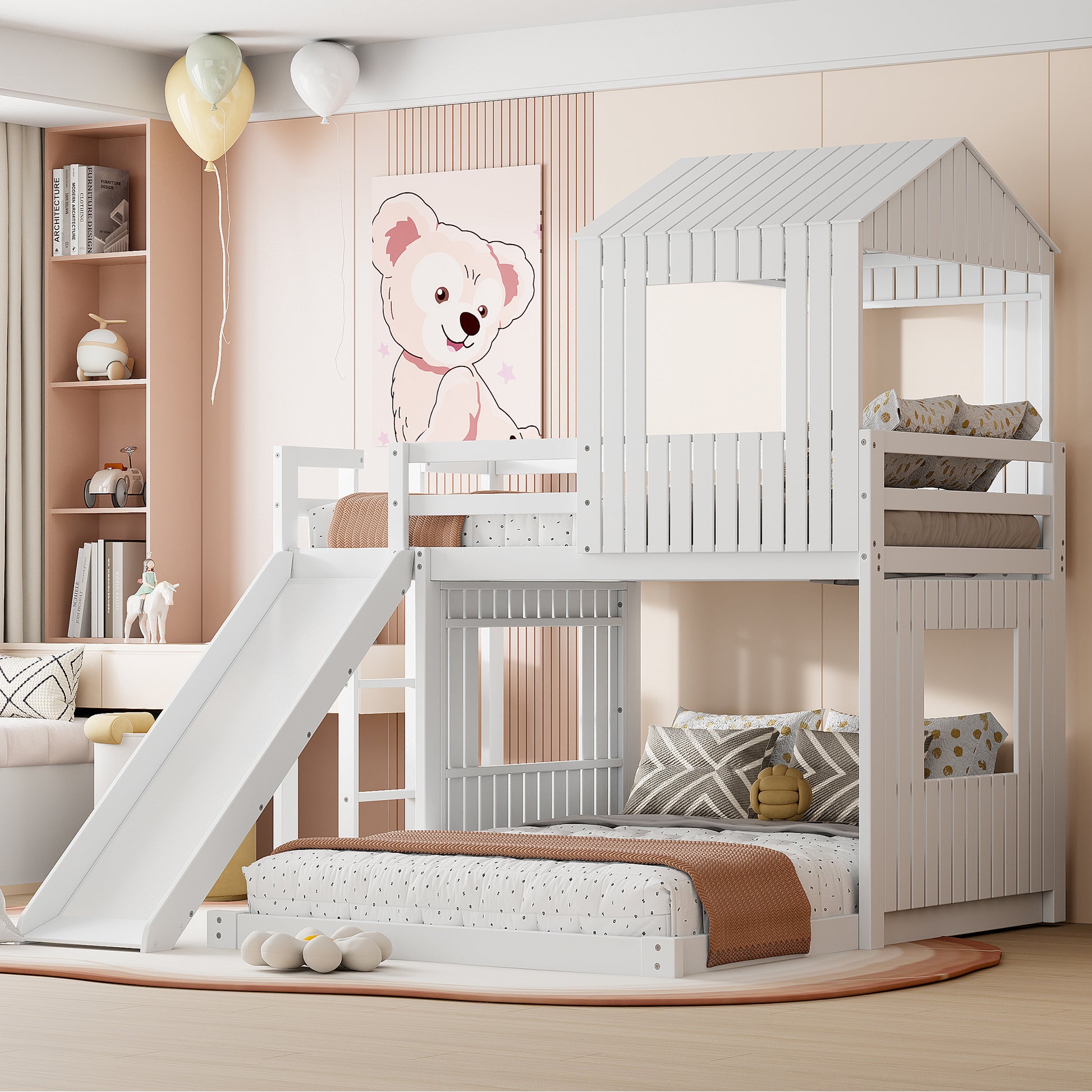 Wooden Twin Over Full Bunk Bed, Loft Bed With Playhouse, Farmhouse, Ladder, Slide And Guardrails, White Old Sku :Lt000028Aak Twin White Solid Wood