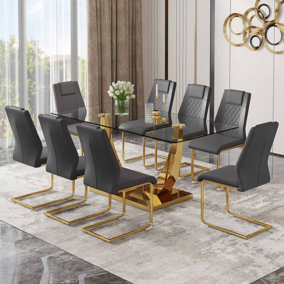 Table And Chair Set.Modern Rectangular Dining Table With Transparent Tempered Glass Tabletop And Gold Plated Metal Legs.Paried With 8 Comfortable Chairs With Pu Seats And Golden Metal Legs. Grey Gold,Transparent Seats 8 Glass Metal