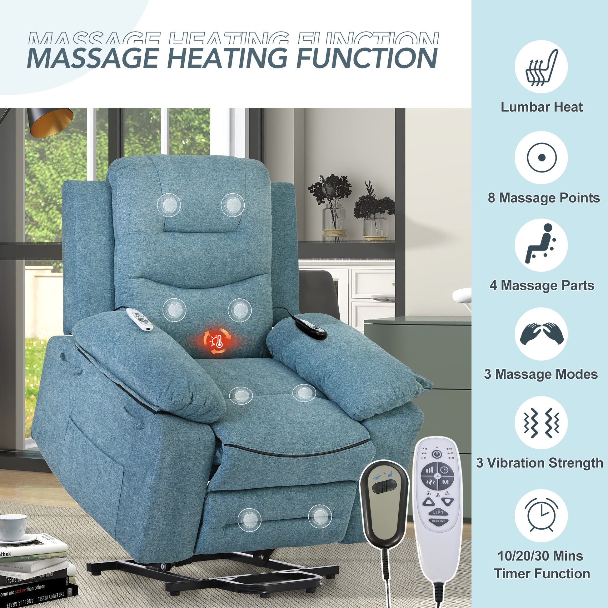 Massage Recliner,Power Lift Chair For Elderly With Adjustable Massage And Heating Function,Recliner Chair With Infinite Position And Side Pocket For Living Room ,Blue Blue Foam Linen