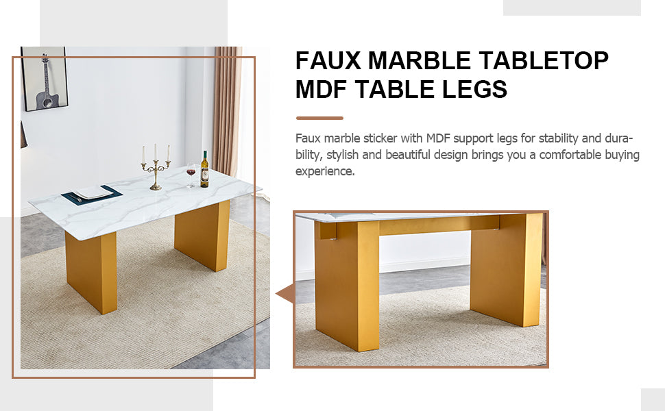 Table And Chair Set.Large Modern Rectangular Table With 0.4 Inch Patterned Glass Tabletop And Large Mdf Table Legs.Comes With 6 Chairs With Faux Leather Cushioned Seats And Golden Metal Legs. Gold White Seats 6 Mdf Glass