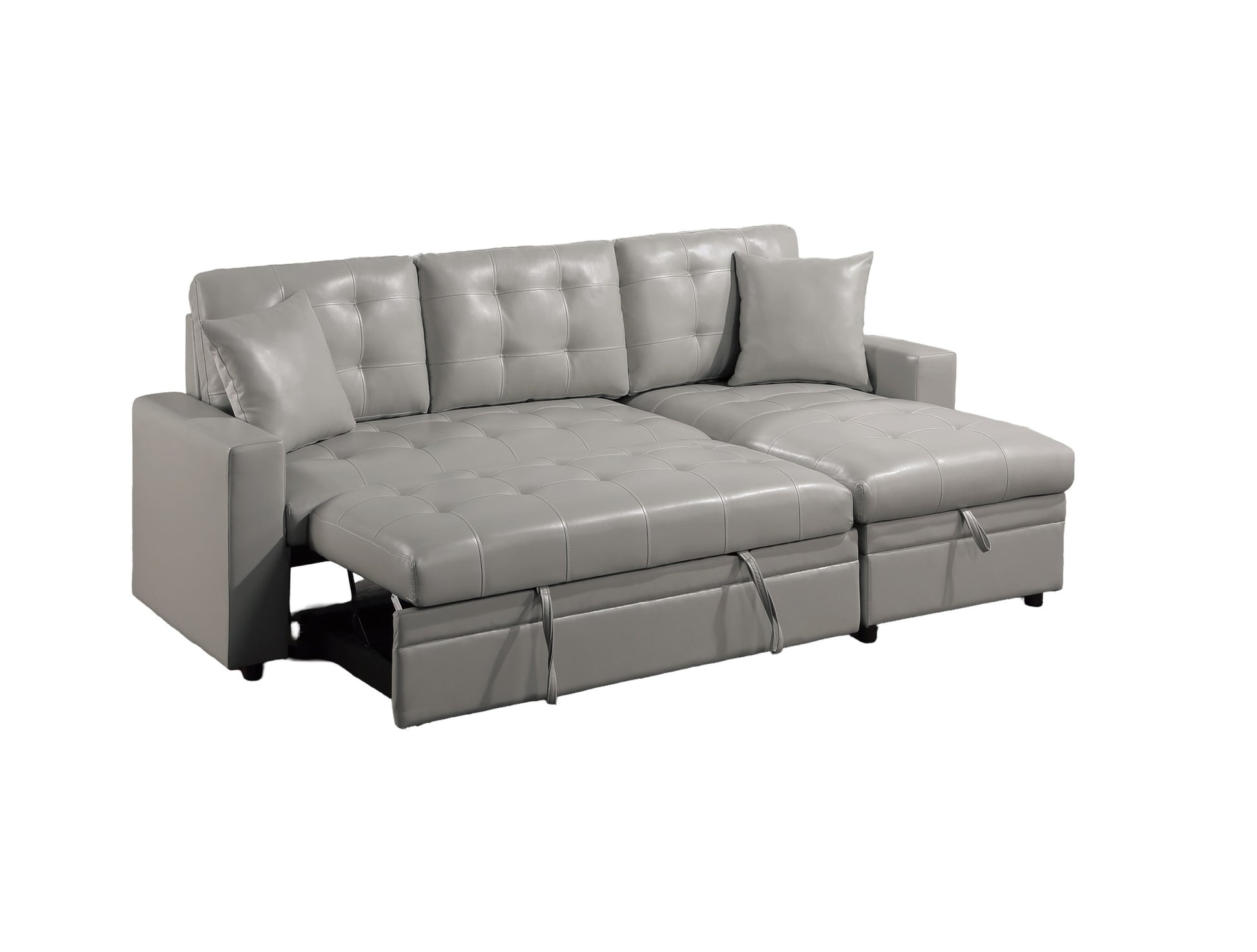 Light Gray Faux Leather Convertible Sectional Sofa Pull Out Bed Couch Storage Chaise Tufted Reversible 2Pc Sectional Living Room Light Gray Primary Living Space Tufted Back Contemporary,Modern L Shaped Square Arms Faux Leather 4 Seat