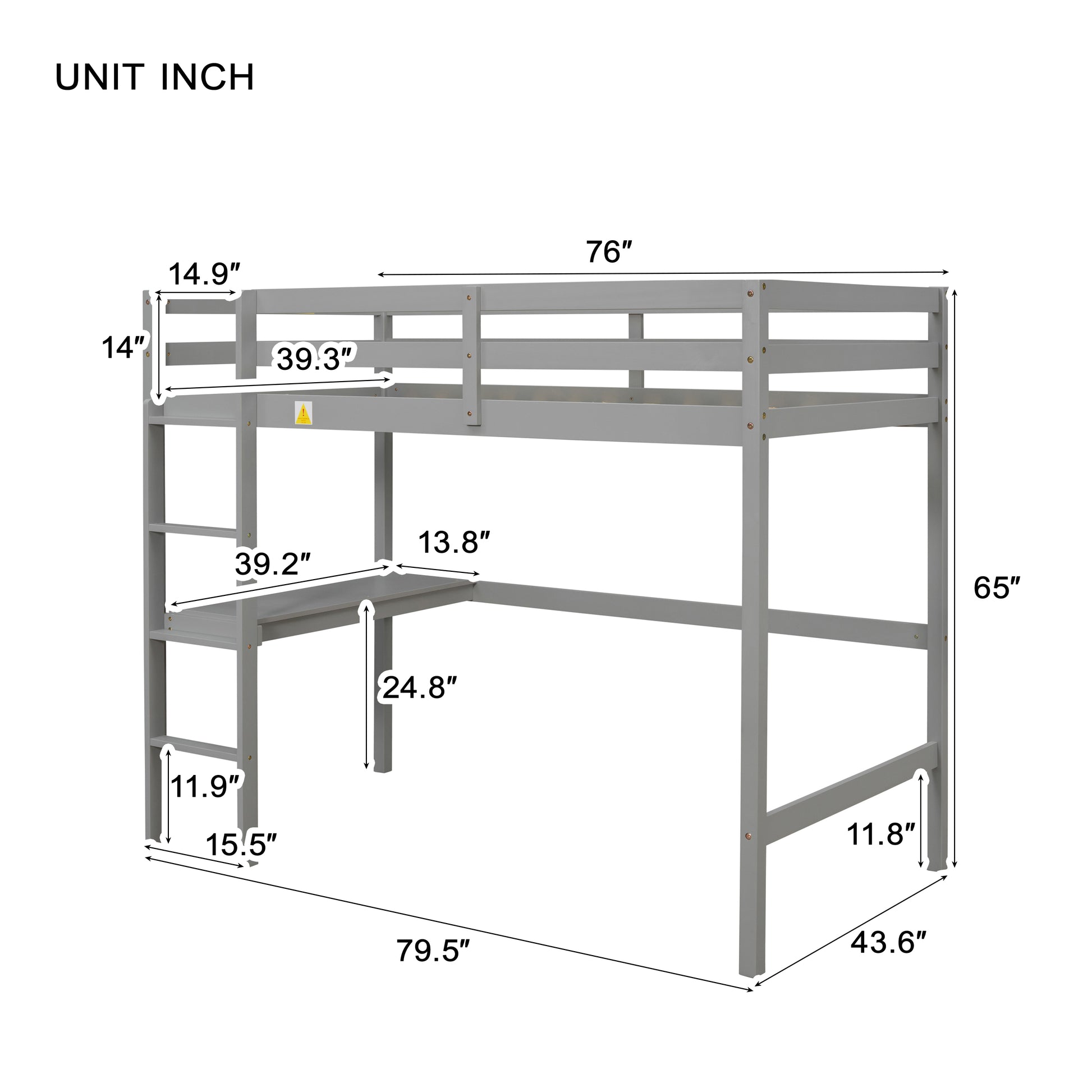 Twin Loft Pine Wood Bed With Built In Desk, Safety Guardrails, Ladder,Grey Old Sku:W50450910 Twin Grey Pine