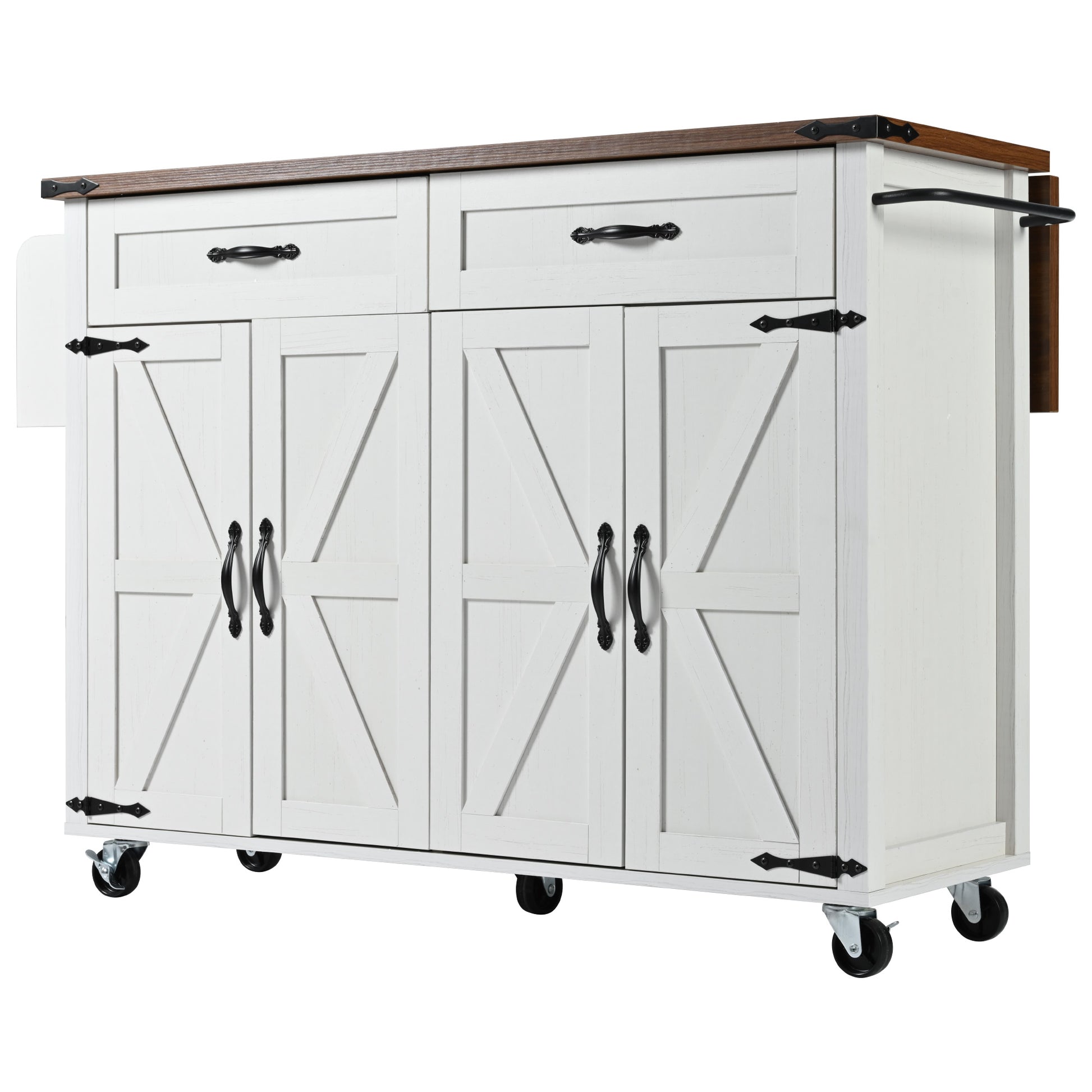 K&K 53.5''Farmhouse Kitchen Island With Power Outlet, Kitchen Storage Island With Drop Leaf, Spice Rack And Drawer, Rolling Kitchen Cart On Wheels, For Home, Kitchen And Dining Room, White White