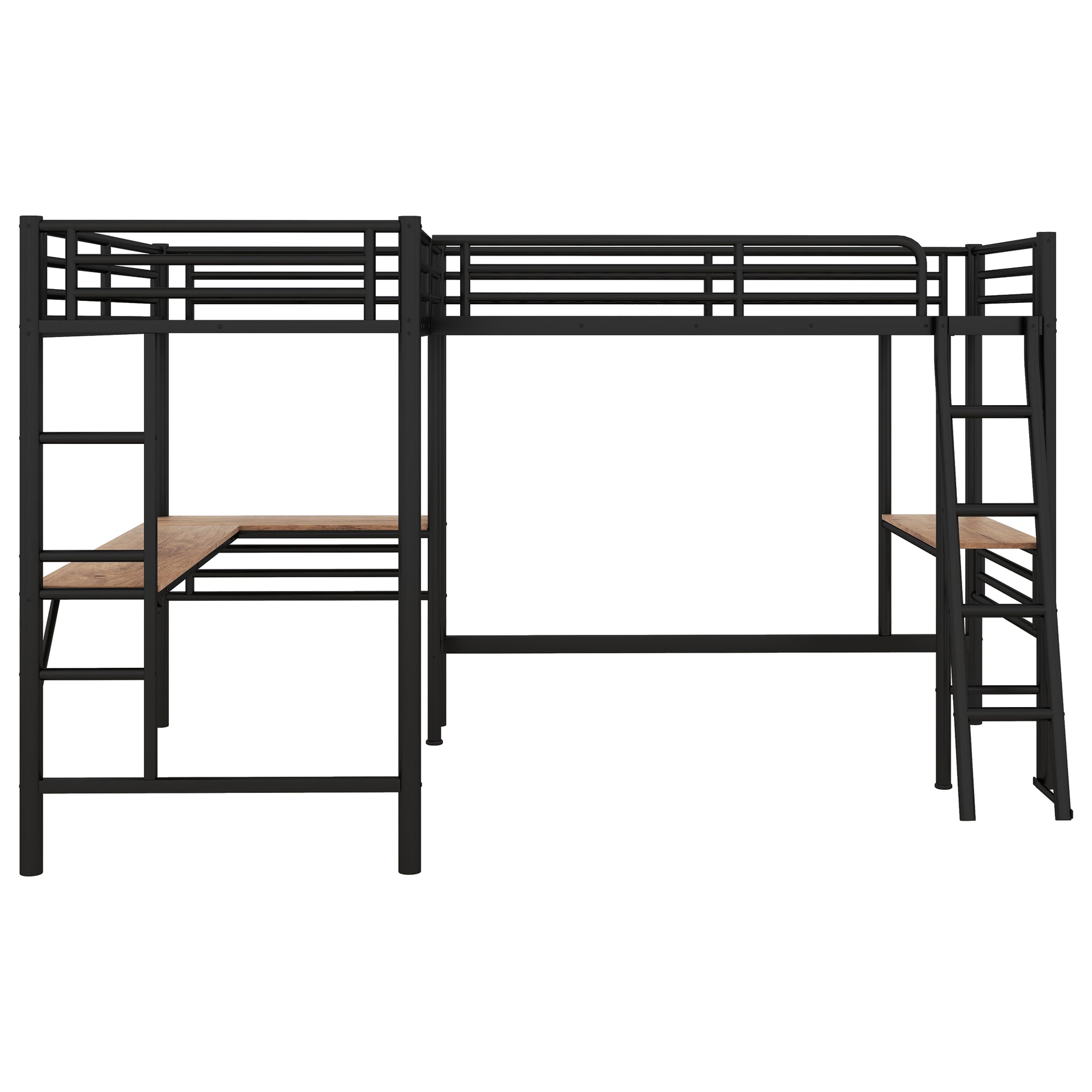 Twin Size Metal Loft Bed With Two Built In Desks,Black Twin Black Metal