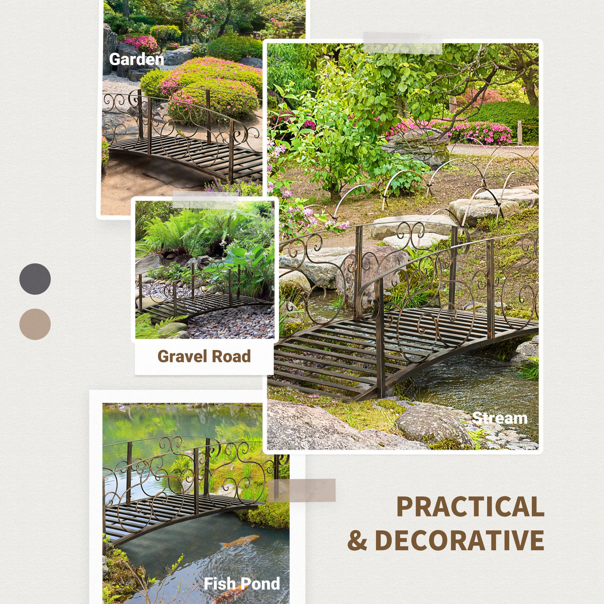 Outsunny 6' Metal Arch Backyard Garden Bridge, Safety Siderails, Arc Footbridge For Backyard Creek, Stream, Pond, Bronze Bronze Steel