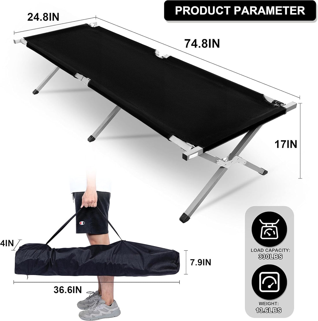 Camping Cot, Sleeping Cots For Adults With Storage Bag, Portable And Lightweight Cot Bed For Outdoor Traveling, Hiking, Office Nap, Easy To Set Up, 1 Pack Black Oxford Fabric