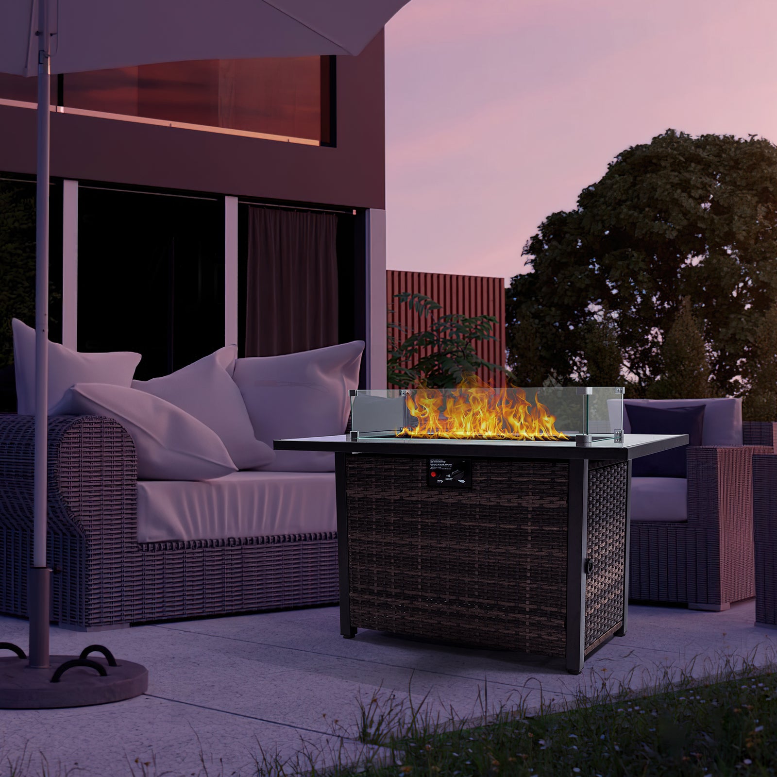 Outdoor Fire Pit 50,000 Btu Propane Gas Fire Table With Lid Fireplace With Glass Wind Guard Wicker Base For Garden, Patio, Backyard, 44" Black Brown Garden & Outdoor Modern Pe Rattan Iron,Rattan