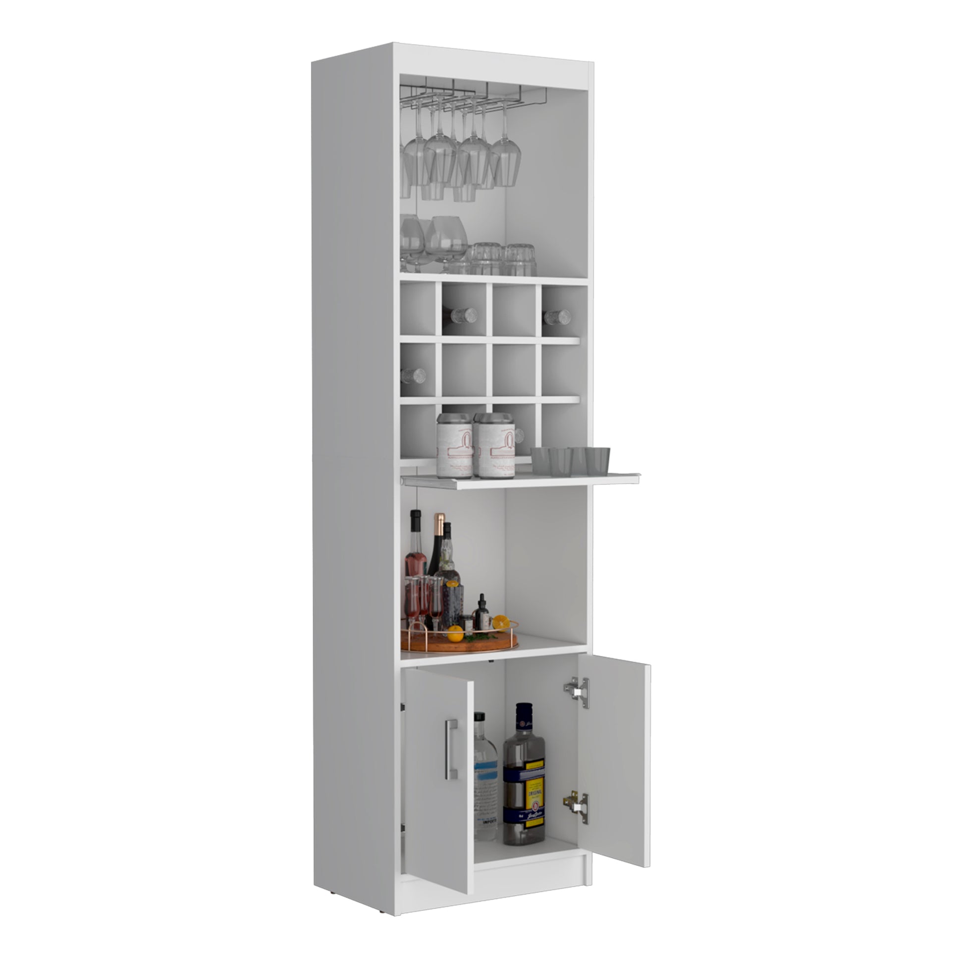 Kevil 71 Inch Tall Bar Cabinet 5 Tier Modern Bar Cabinet With Glass Holder Stemware Rack, Wine Cabinet, Liquor Cabinet, 12 Bottle Cubbies, 5 Shelves, And Pull Out Tray White Primary Living Space Modern Particle Board Shelves Included Engineered Wood