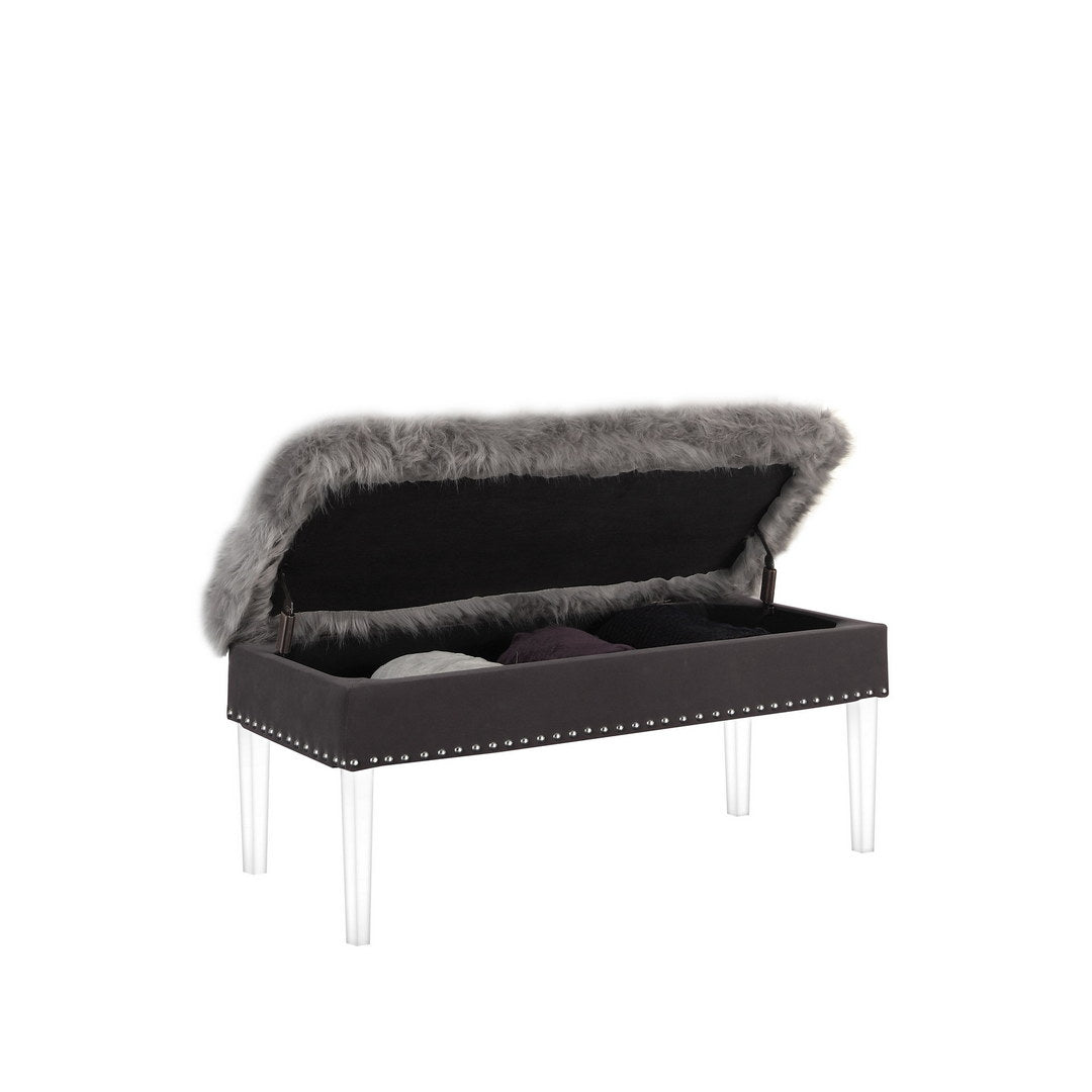 20" Tall" Horice" Mid Century Modern Tufted Storage Bench, Gray With Faux Fur Gray Faux Fur