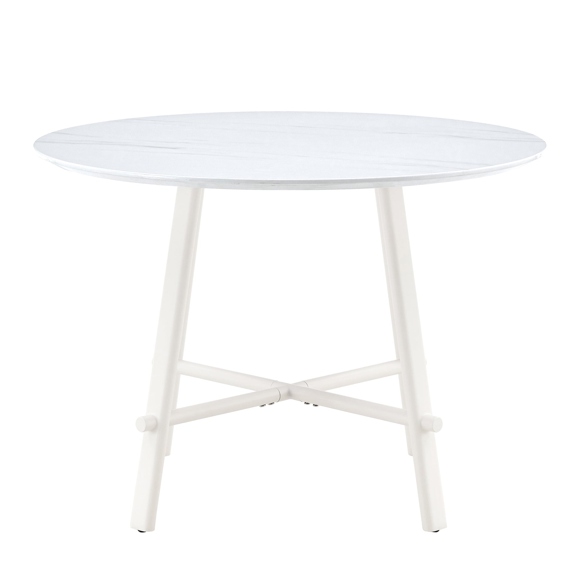 A Modern Minimalist Circular Dining Table With A 42 Inch Diameter White Patterned Tabletop And White Metal Legs. Suitable For Restaurants, Living Rooms, And Conference Rooms. White Mdf Metal
