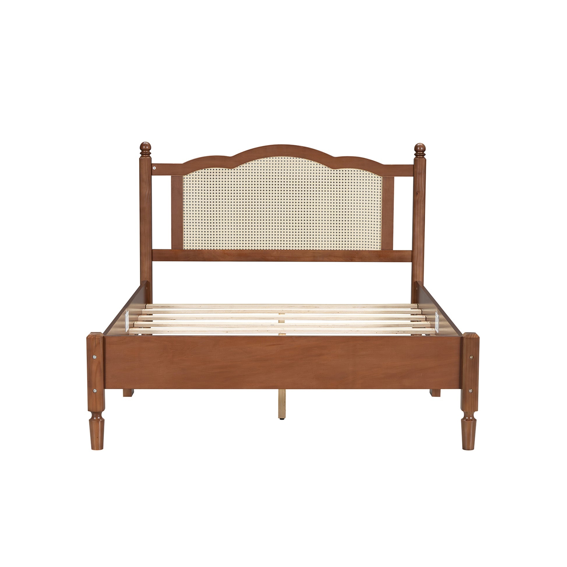 Full Size Wooden Platform Bed With Natural Rattan Headboard, Vintage Bed Frame With Wooden Slat Support, Walnut Expected Arrival Time: 08.23 Box Spring Not Required Full Walnut Wood
