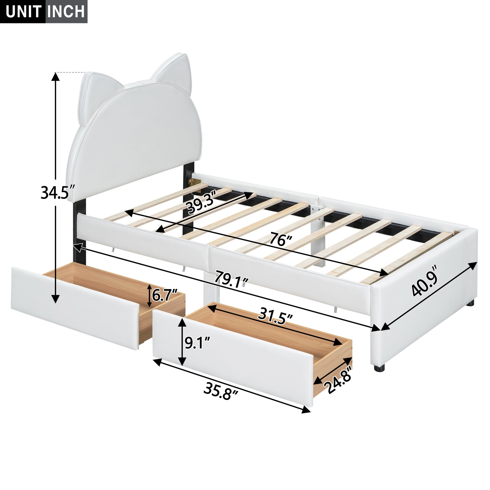 Twin Size Upholstered Platform Bed With Cartoon Ears Shaped Headboard And 2 Drawers, White Box Spring Not Required Twin White Wood Bedroom Bed Frame Faux Leather Upholstered