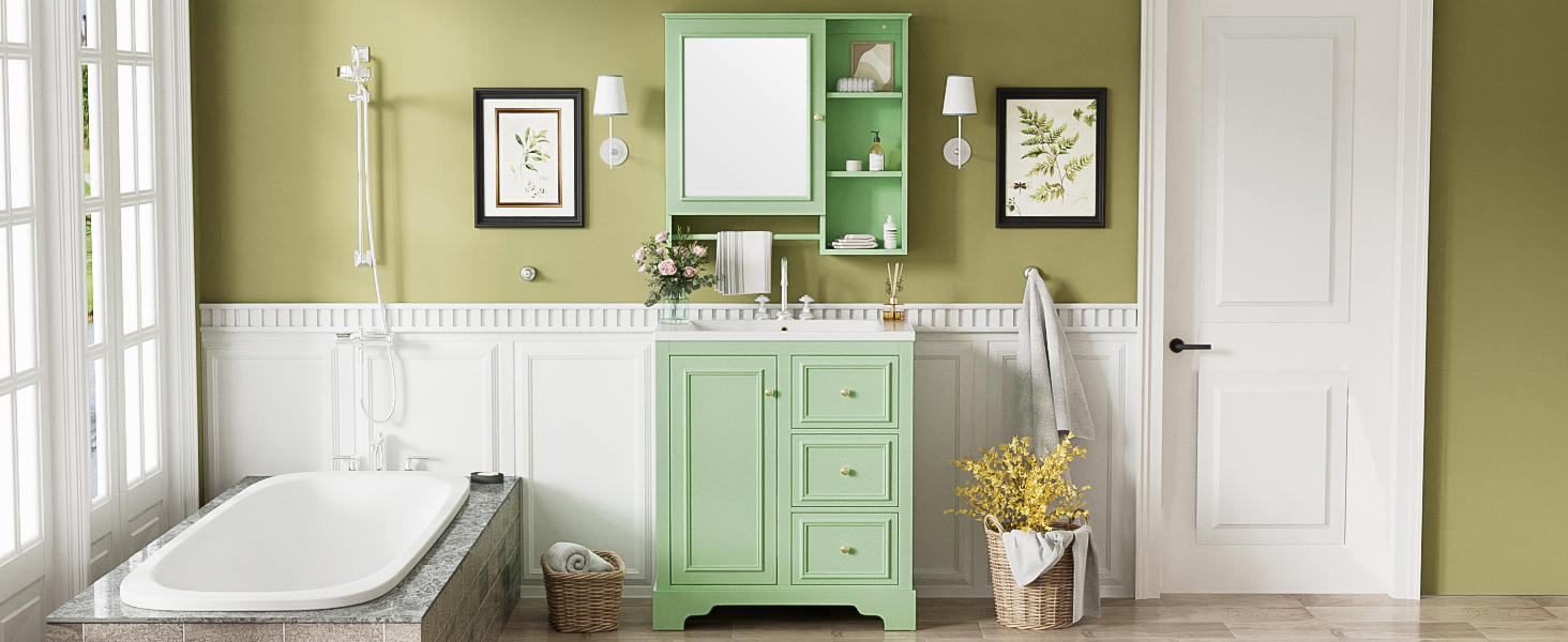 30 Inch Bathroom Vanity With Sink, Modern Elegant Bathroom Storage Cabinet With 3 Drawers And Adjustable Shelves, Freestanding Vanity Set With Mirror Cabinet, Single Sink Bathroom Vanity Green Bathroom Solid Wood Mdf Glass