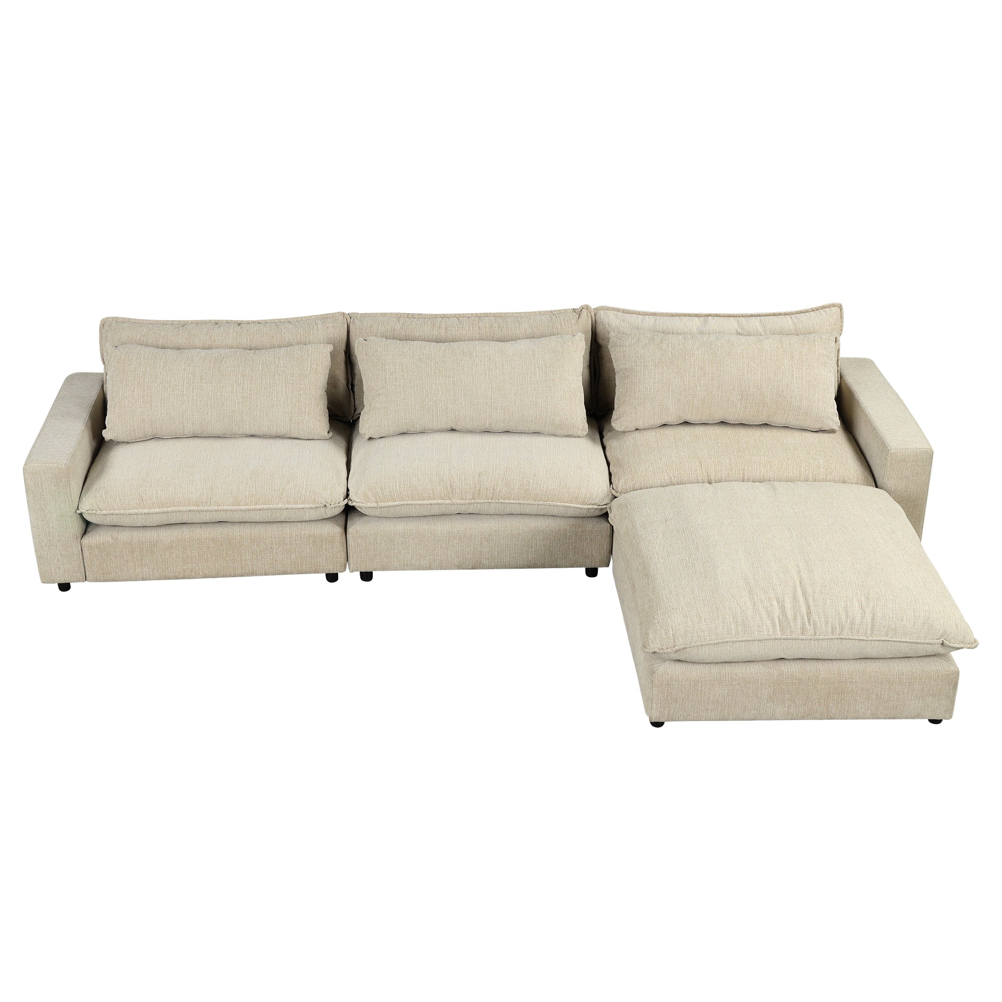 128" Sectional Sofa Cloud Sofa Chenille Upholstered Sofa Couch With Movable Ottoman, Comfortable Seat Cushions, Charging Ports And Three Back Pillows For Living Room, Beige Beige Foam Chenille 4 Seat