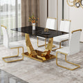 Table And Chair Set.Modern Rectangular Dining Table With Black Textured Stickers Glass Tabletop And Gold Plated Metal Legs.Paried With 4 Comfortable Chairs With Pu Seats And Golden Metal Legs. White Gold Seats 4 Glass Metal