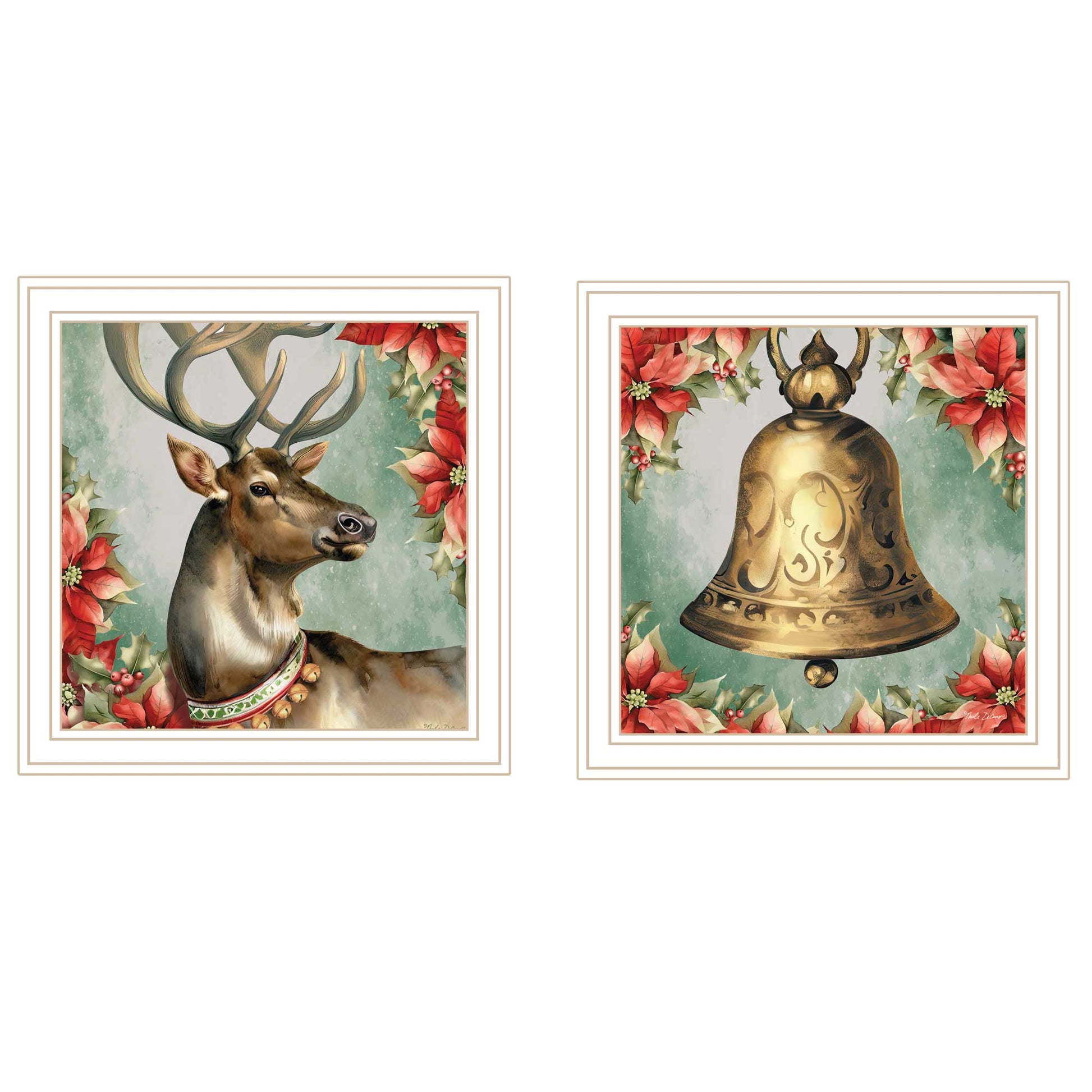 2 Piece Vignette Old World Reindeer & Bell White Framed Wall Art For Living Room, Holiday Wall Art Print For Home Decor, Bedroom Wall Art By Nicole Decamp Multicolor Wood Paper