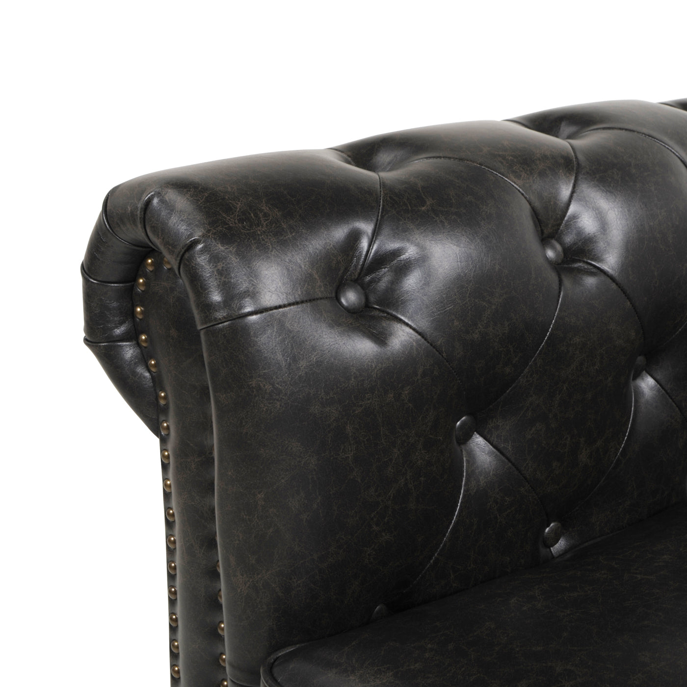 Winston 42.5" Chesterfield Accent Armchair, Vintage Black Brown Faux Leather Black Vintage Foam Faux Leather