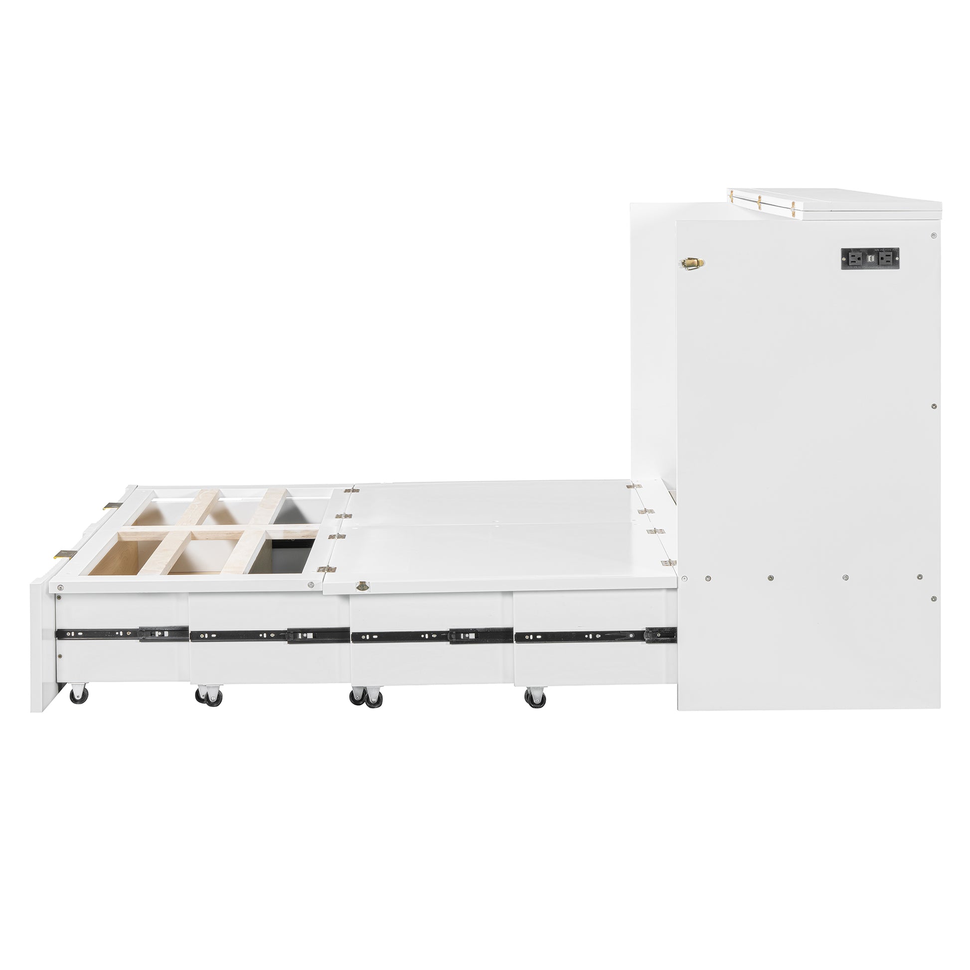 Full Size Murphy Bed With Drawer And A Set Of Sockets & Usb Ports, Pulley Structure Design, White Full White Plywood