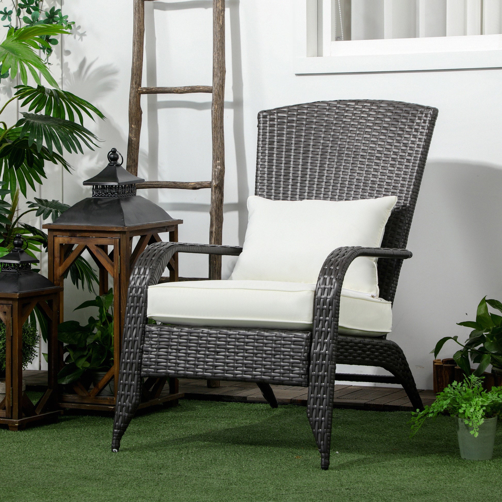 Outsunny Patio Wicker Adirondack Chair, Outdoor All Weather Rattan Fire Pit Chair W Soft Cushions, Tall Curved Backrest And Comfortable Armrests For Deck Or Garden, Cream White Cream White Steel