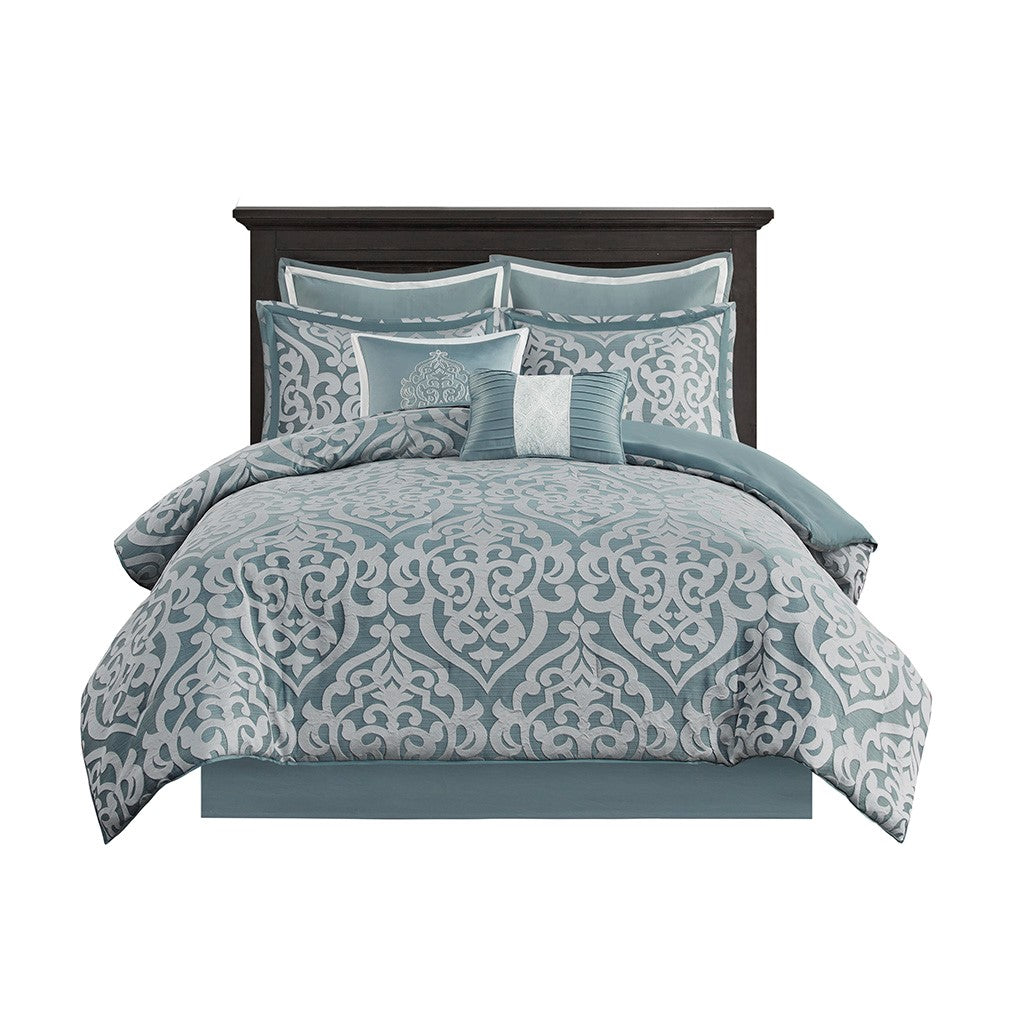 8 Piece Jacquard Comforter Set Aqua Silver Cal King California King Aqua Silver Polyester