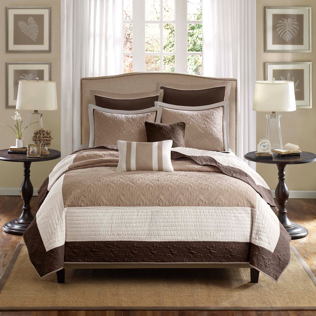 7 Piece Quilt Set With Euro Shams And Throw Pillows Beige King Cal King King Beige Cotton