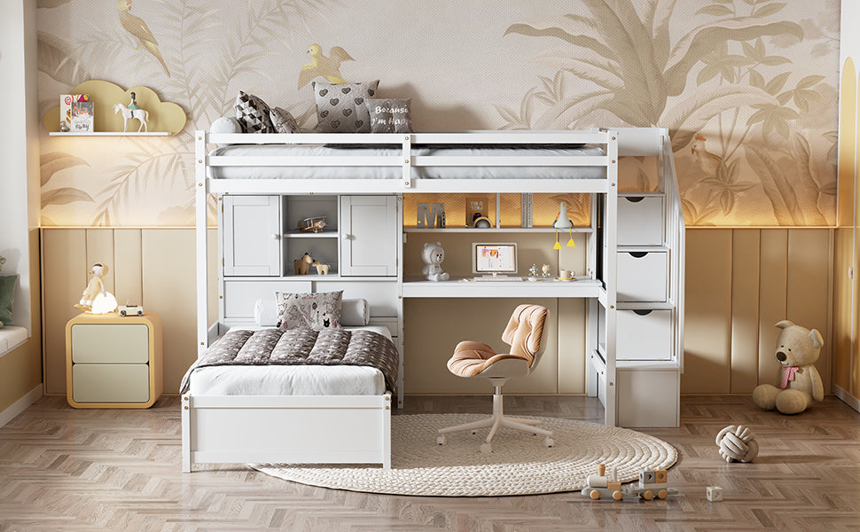 Twin Over Twin Loft Bed With Built In Desk And Staircase, With Storage Compartments And Shelves, White Twin Box Spring Not Required White Wood Pine