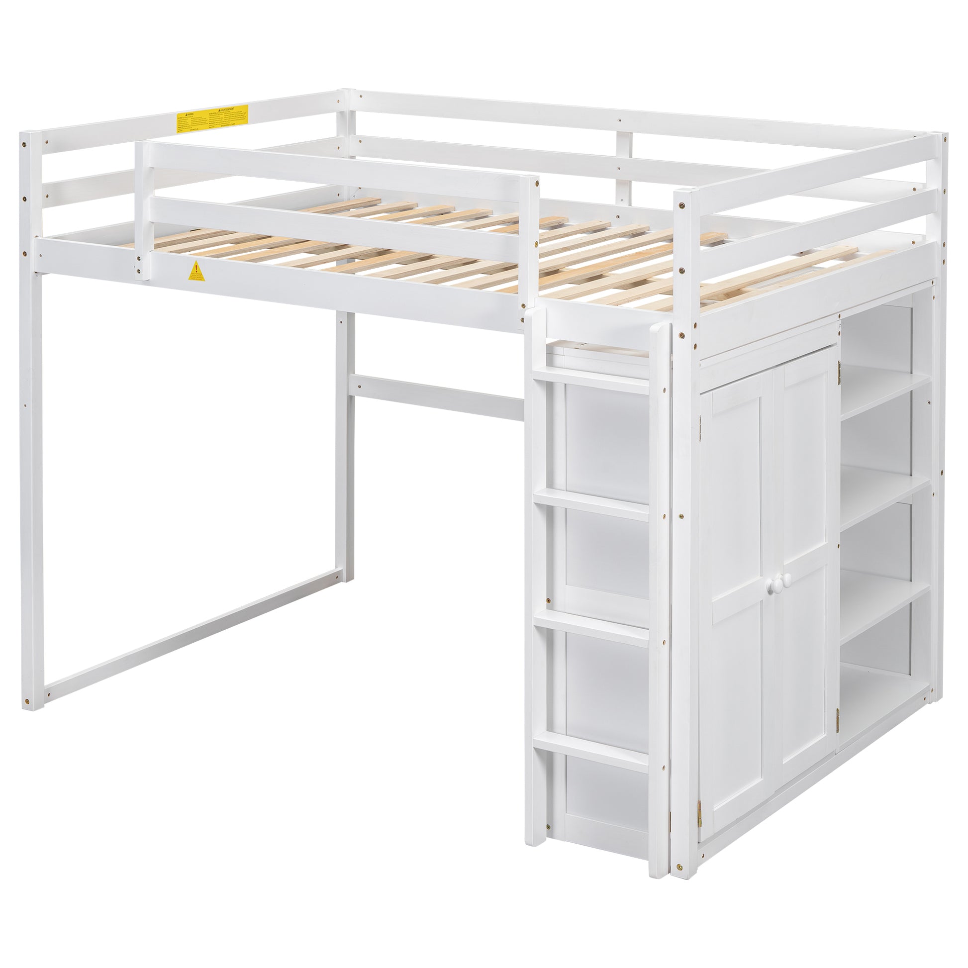 Wood Full Size Loft Bed With Built In Wardrobe And Storage Shelves, Led Light, White Box Spring Not Required Full White Wood Bedroom Bed Frame Solid Wood Mdf