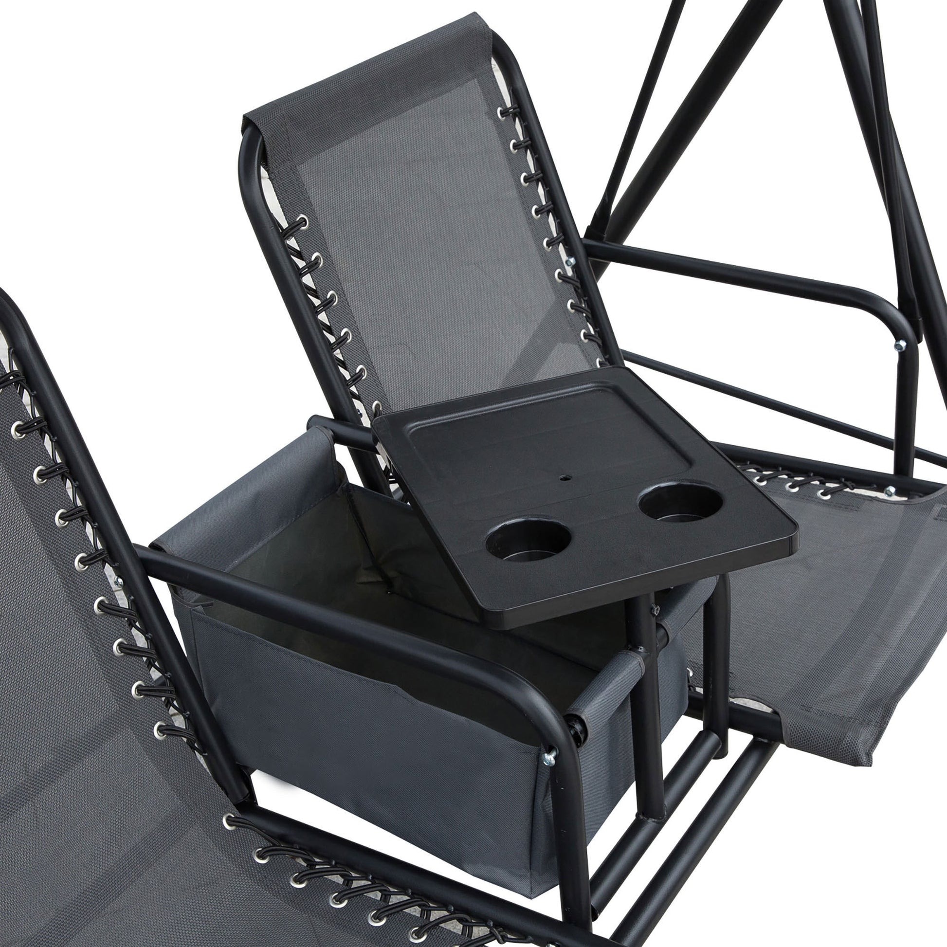 Outsunny 2 Seat Patio Swing Chair, Outdoor Canopy Swing Glider With Pivot Storage Table, Cup Holder, Adjustable Shade, Bungie Seat Suspension And Weather Resistant Steel Frame, Grey Gray Steel