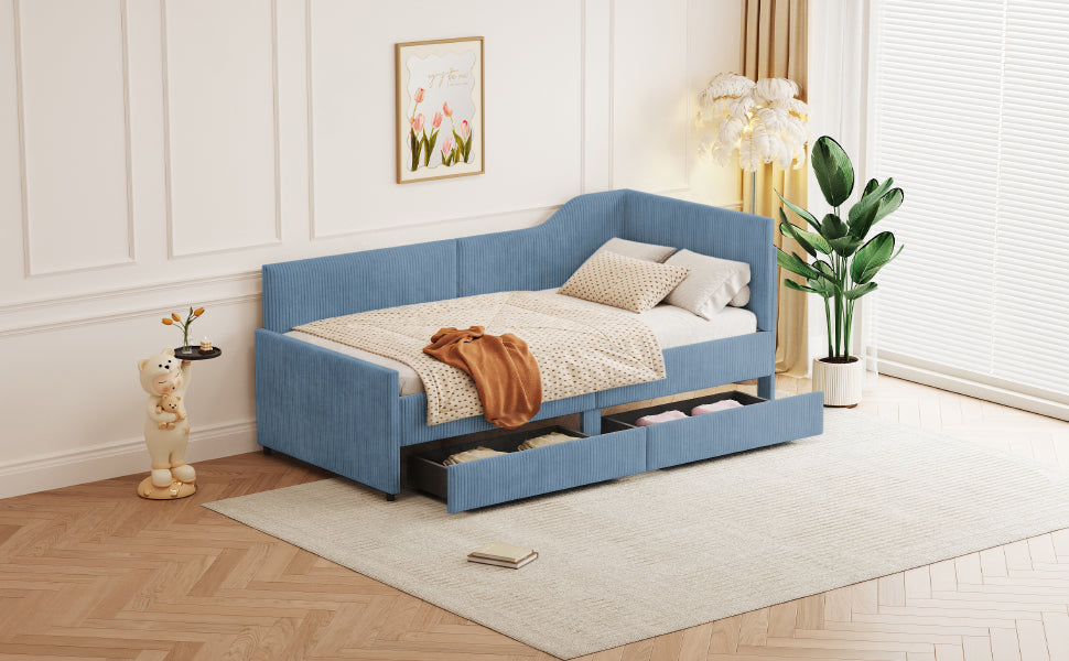 Twin Size L Shaped Corduroy Daybed,Upholstered Bed Frame With 2 Storage Drawers,Blue Twin Blue Wood Fabric