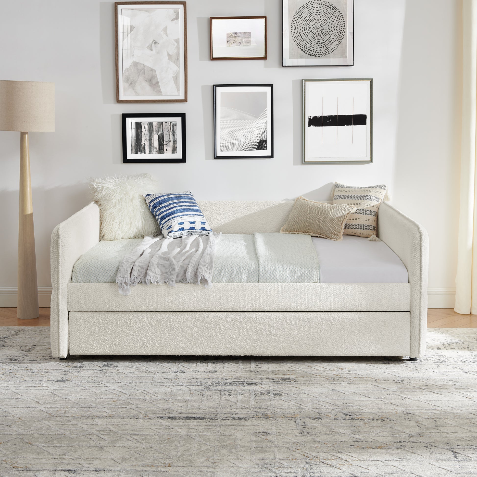 Daybed With Trundle Upholstered Tufted Sofa Bed, Full Size, Boucle Fabric, Beige 83"X58.5"X29.5" Beige Boucle