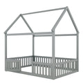 Full Size Wood House Bed With Fence And Door, Gray Box Spring Not Required Full Gray Wood Bedroom Bed Frame Pine