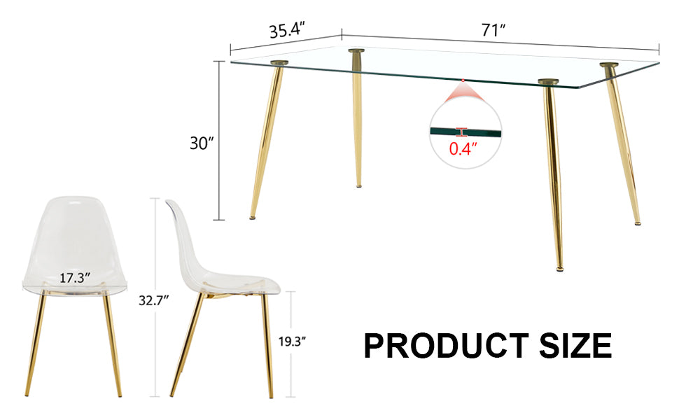 Table And Chair Set.Modern Rectangular Glass Dining Table With Tempered Glass Countertop And Golden Metal Legs, Paired With Multiple Transparent High Quality Pet Dining Chairs With Golden Legs. Gold Seats 8 Tempered Glass